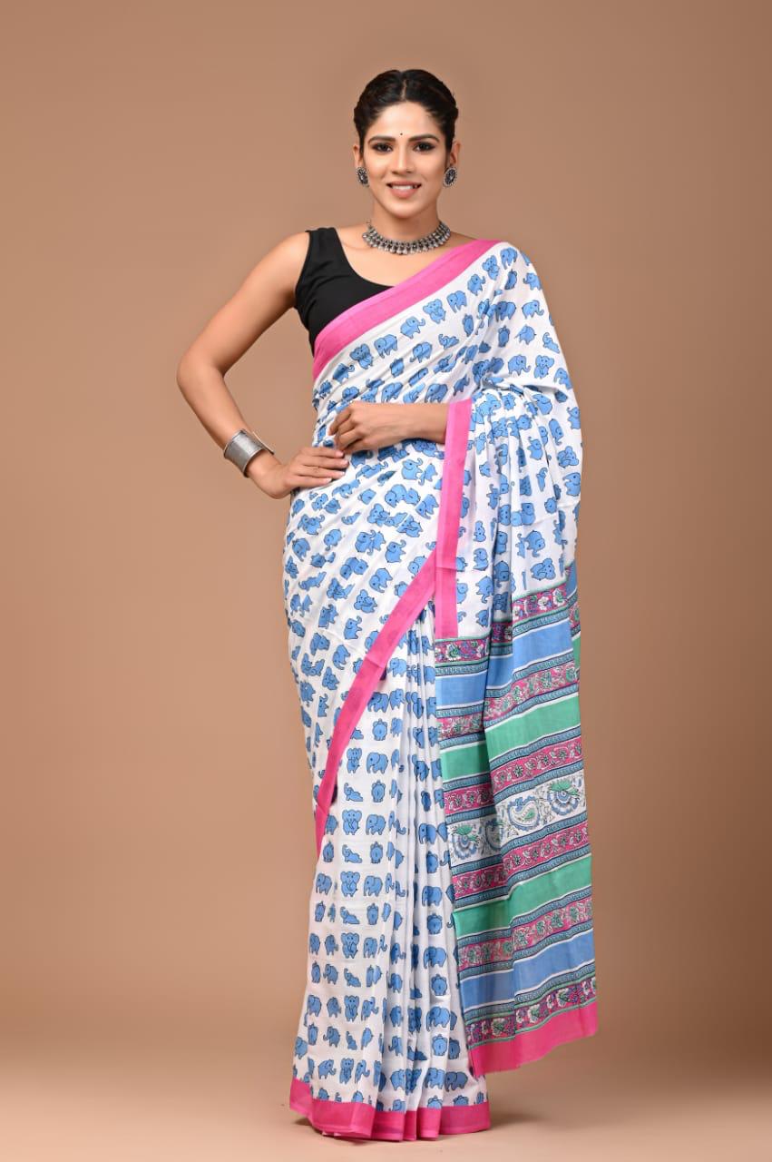 White Blue Fun Hand Block Print MulMul Cotton Saree