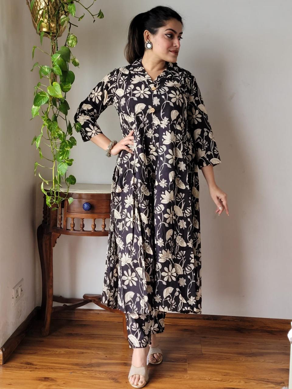 Brown Floral Bagru Print Suit Set