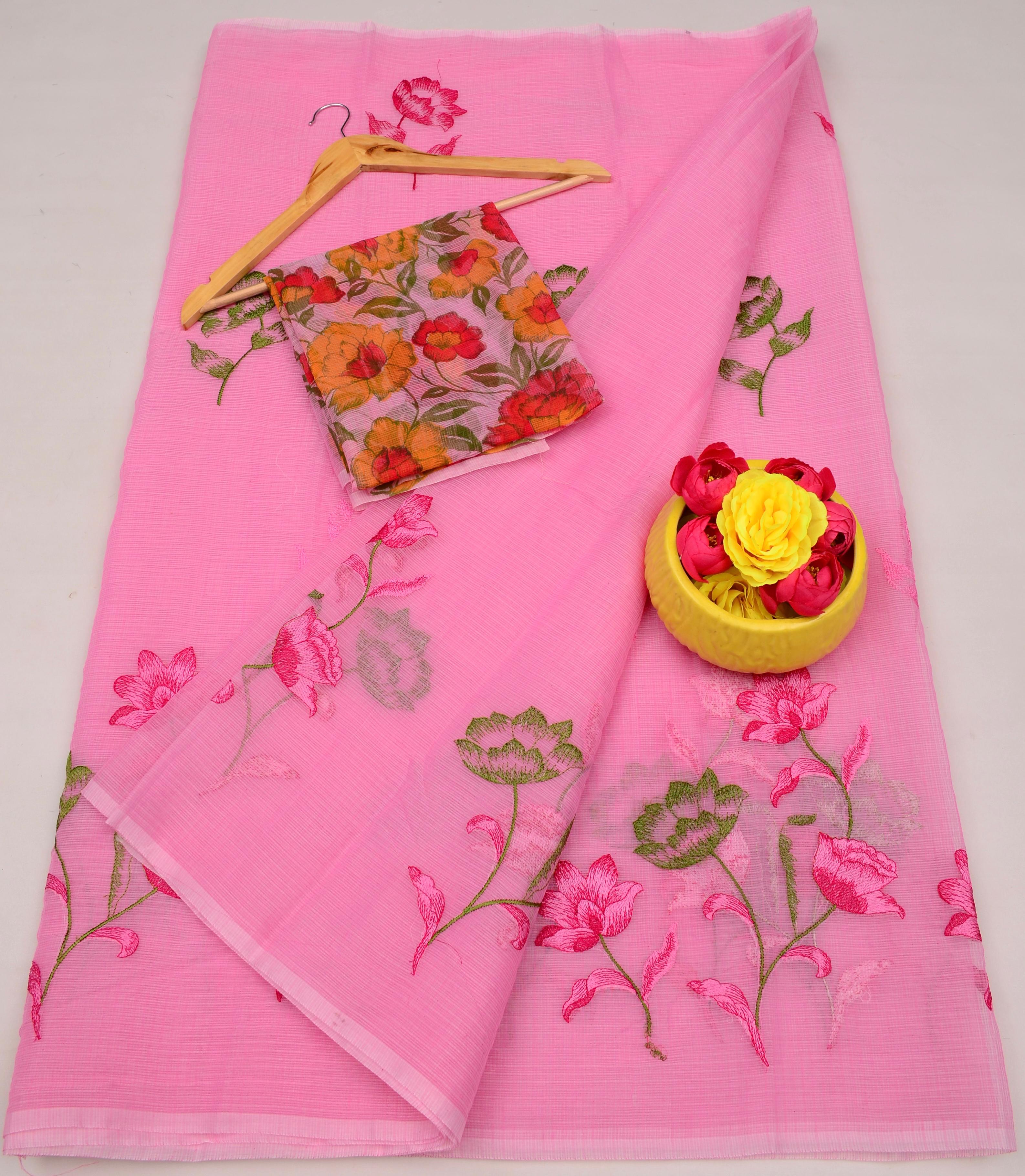 Pink Kota Doria Embroidery Work Saree