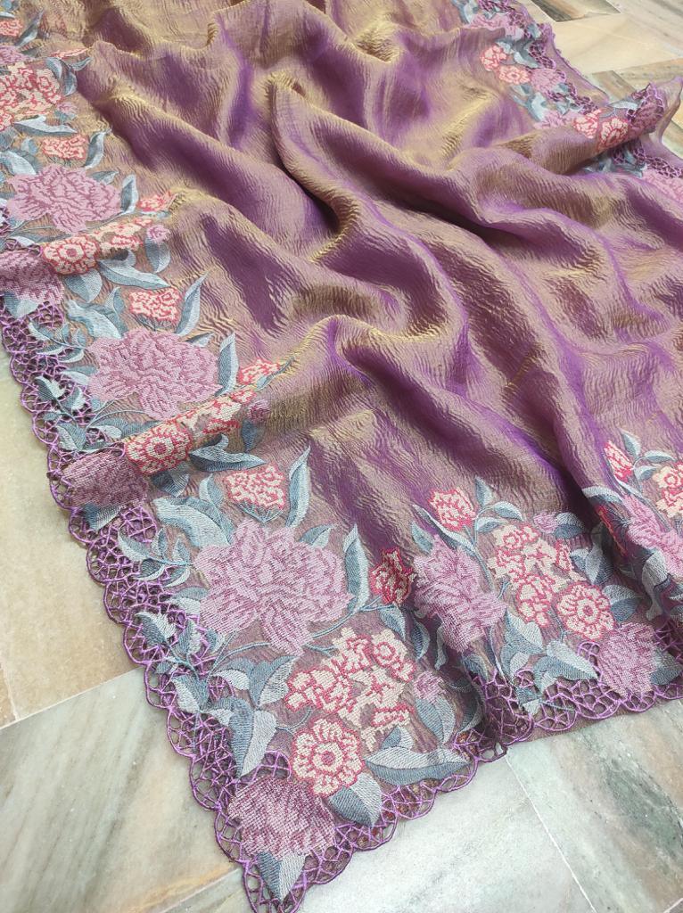 Lavender Purple Banarasi Crush Tissue Saree