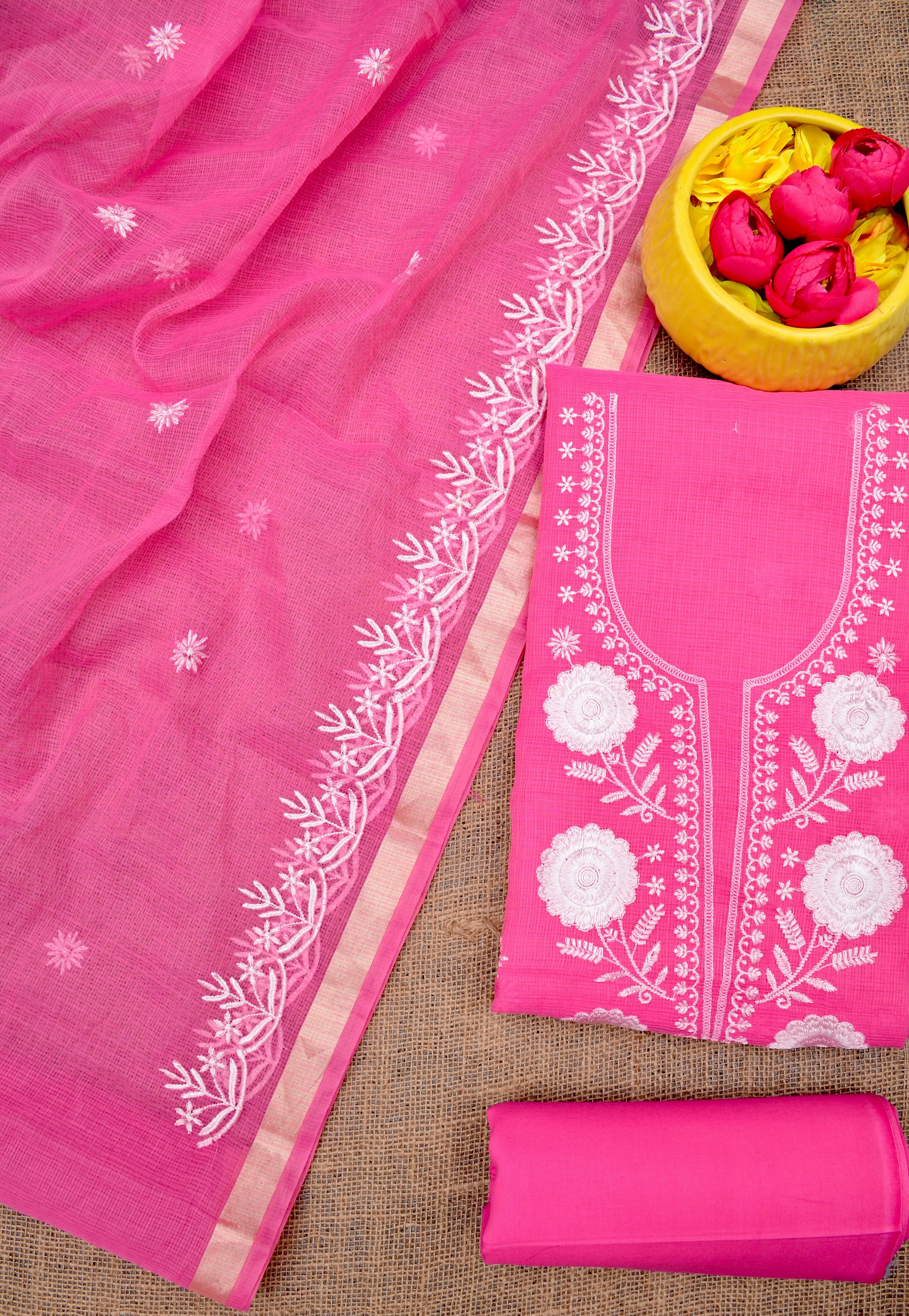 Kota Doria Embroidered Suit Set In Pink (unstitched)