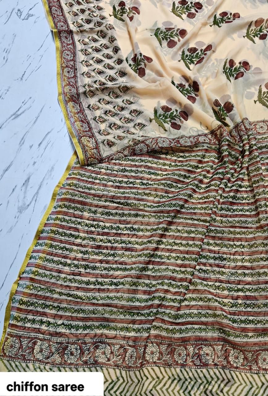Double Diamond Pure Chiffon Sari in Peach