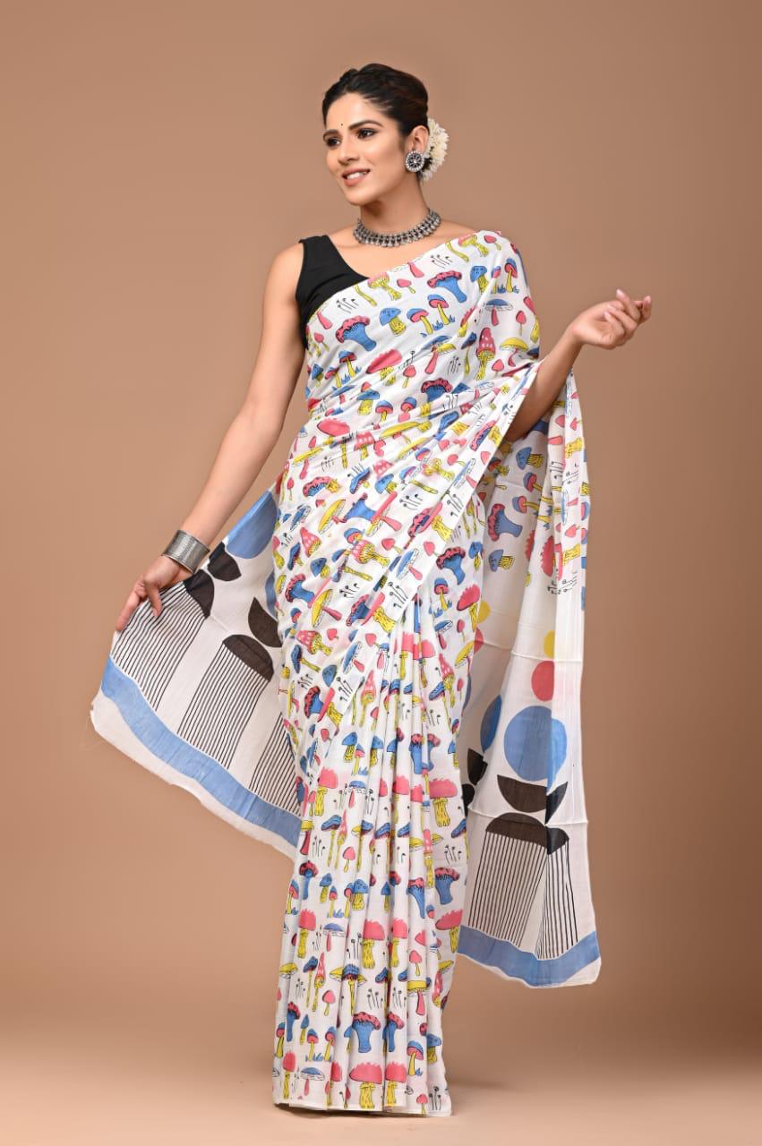 Multicolor Fun Hand Block Print MulMul Cotton Saree