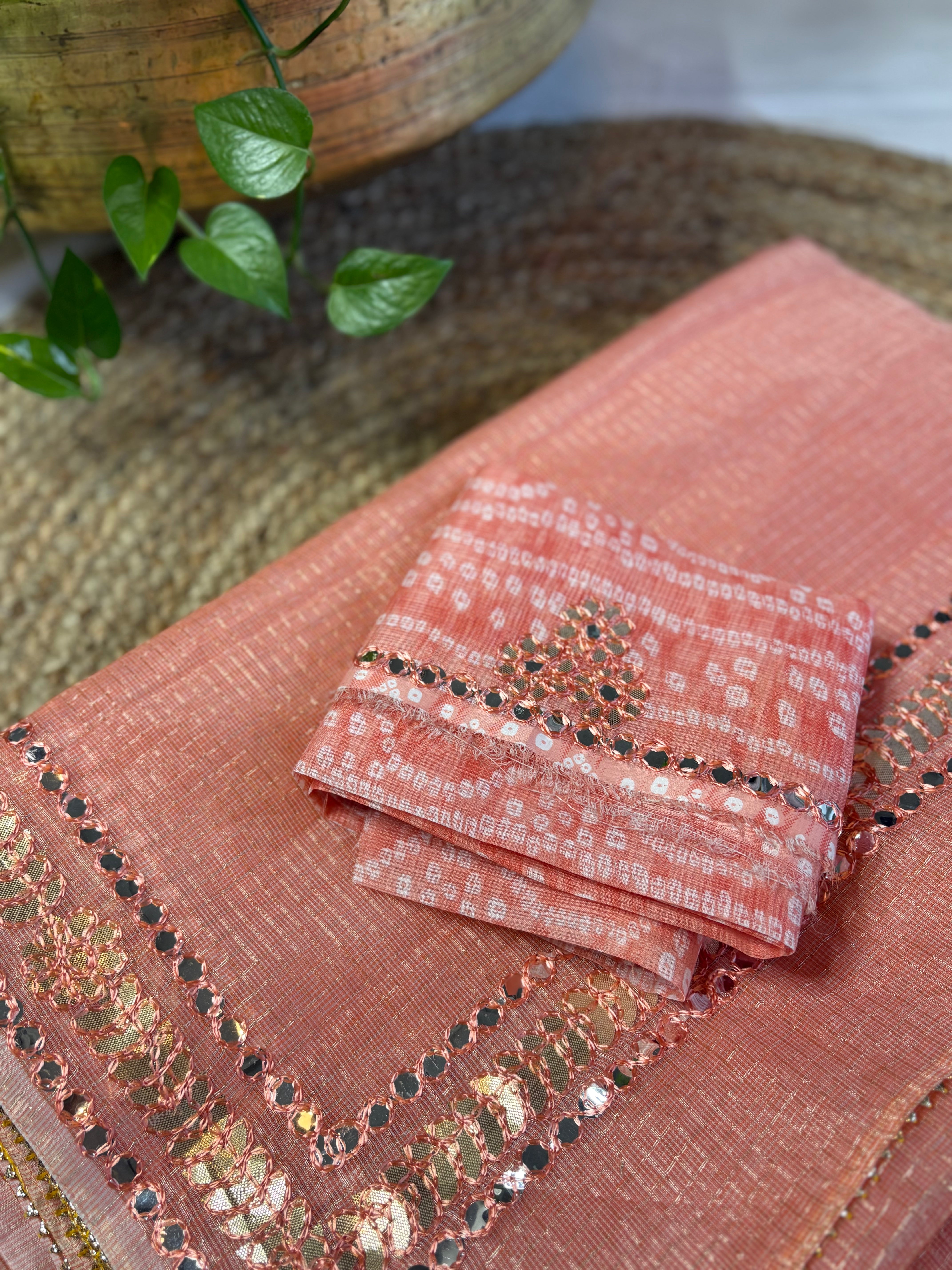 Peach Kota Doria Gota Patti Saree