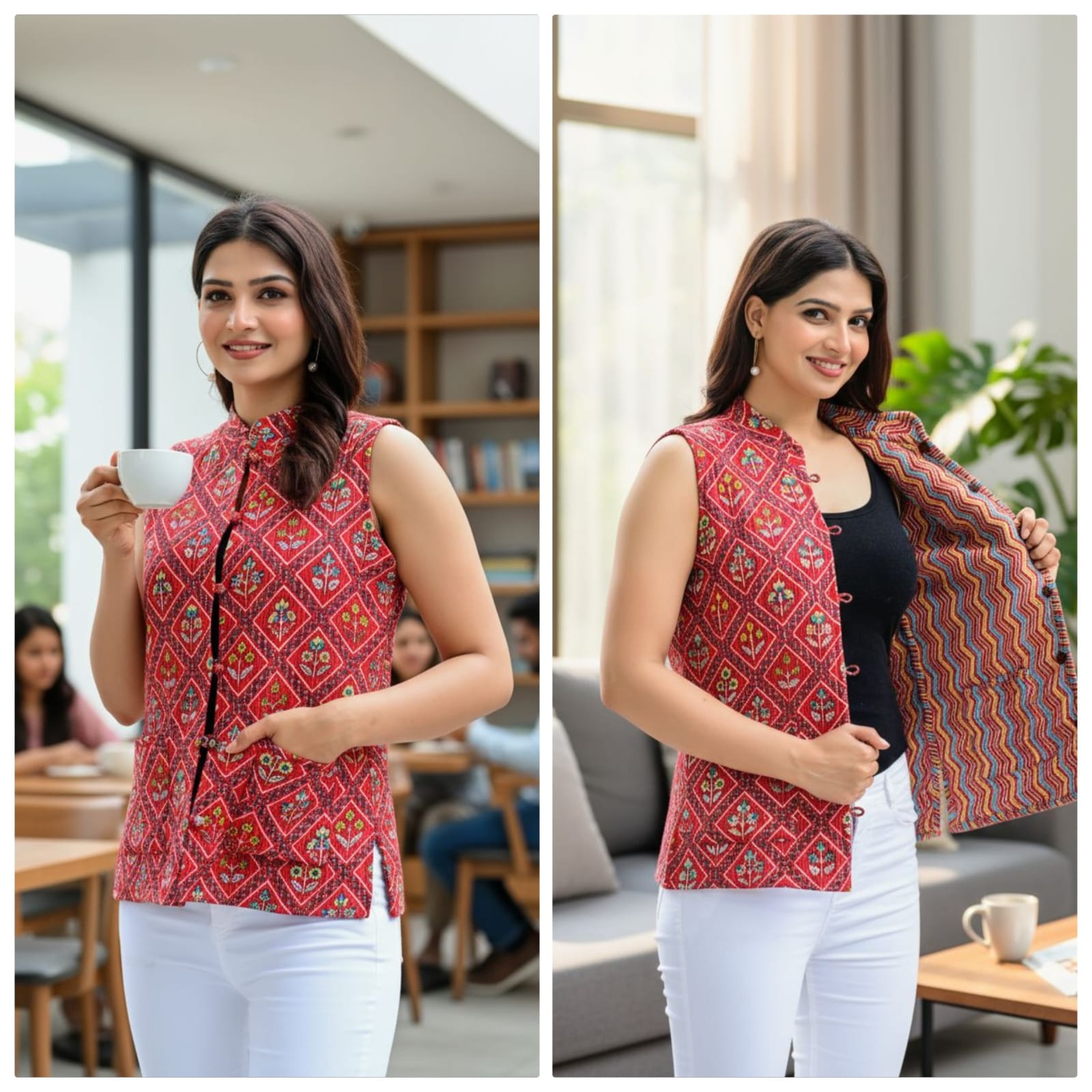 Beautiful Red Pure Cotton Quilted Reversible Print Jackets