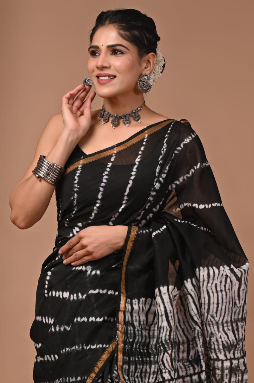 Black Chanderi Hand Block Printed  Saree