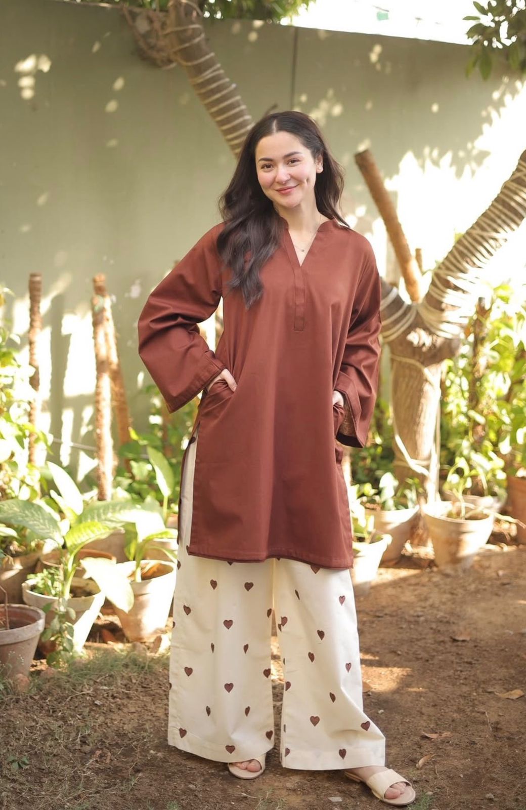 Brown Kurti With Embroidery Palazzo Set