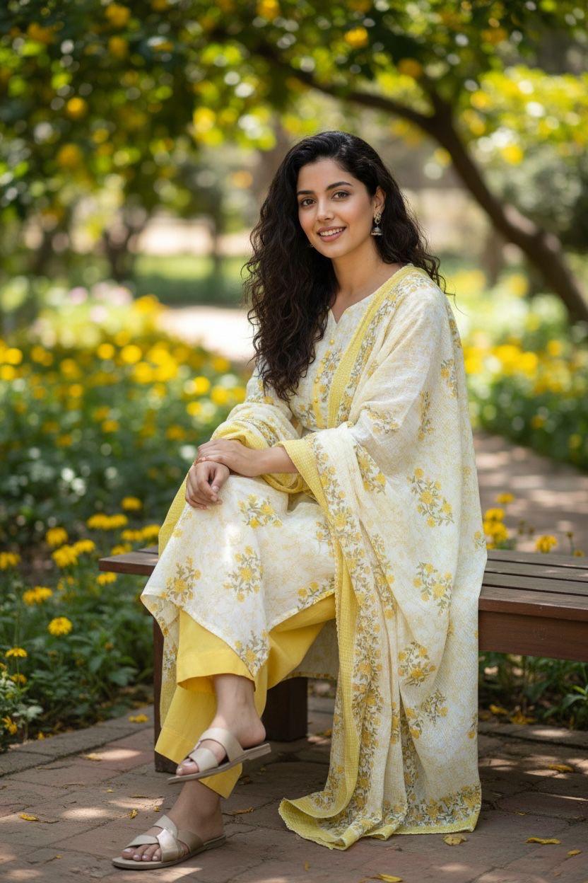 Round Neak Poti Pattern Kurti With Ankle Palazzo And Dupatta Set