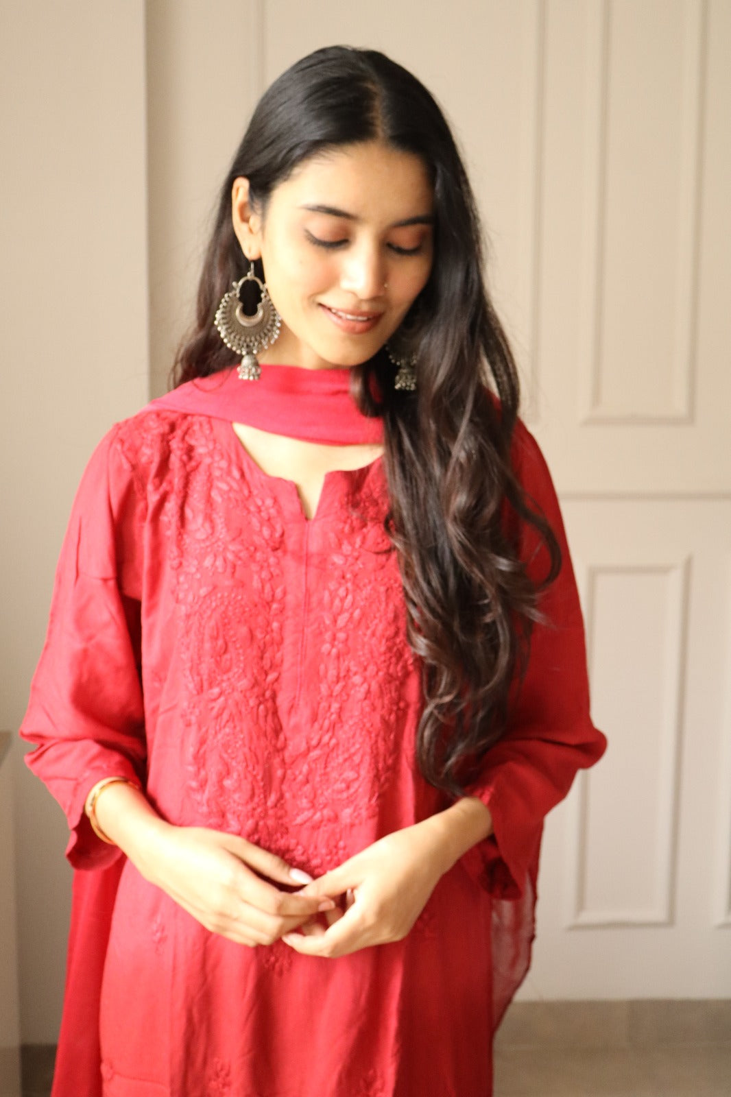 Red Chikankari Rayon Kurti Palazzo Set With Dupatta