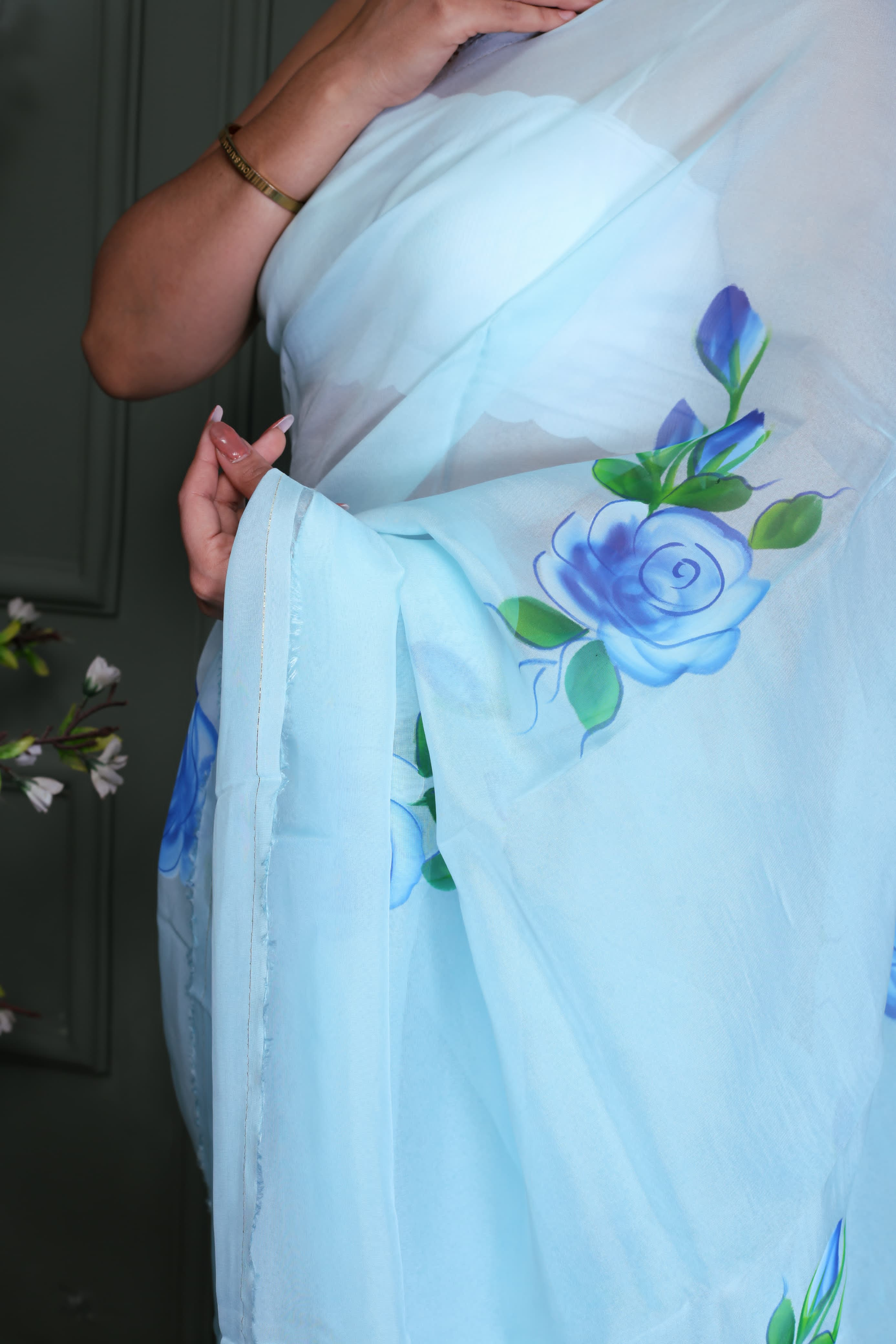 Light Blue Organza Hand Painted Saree