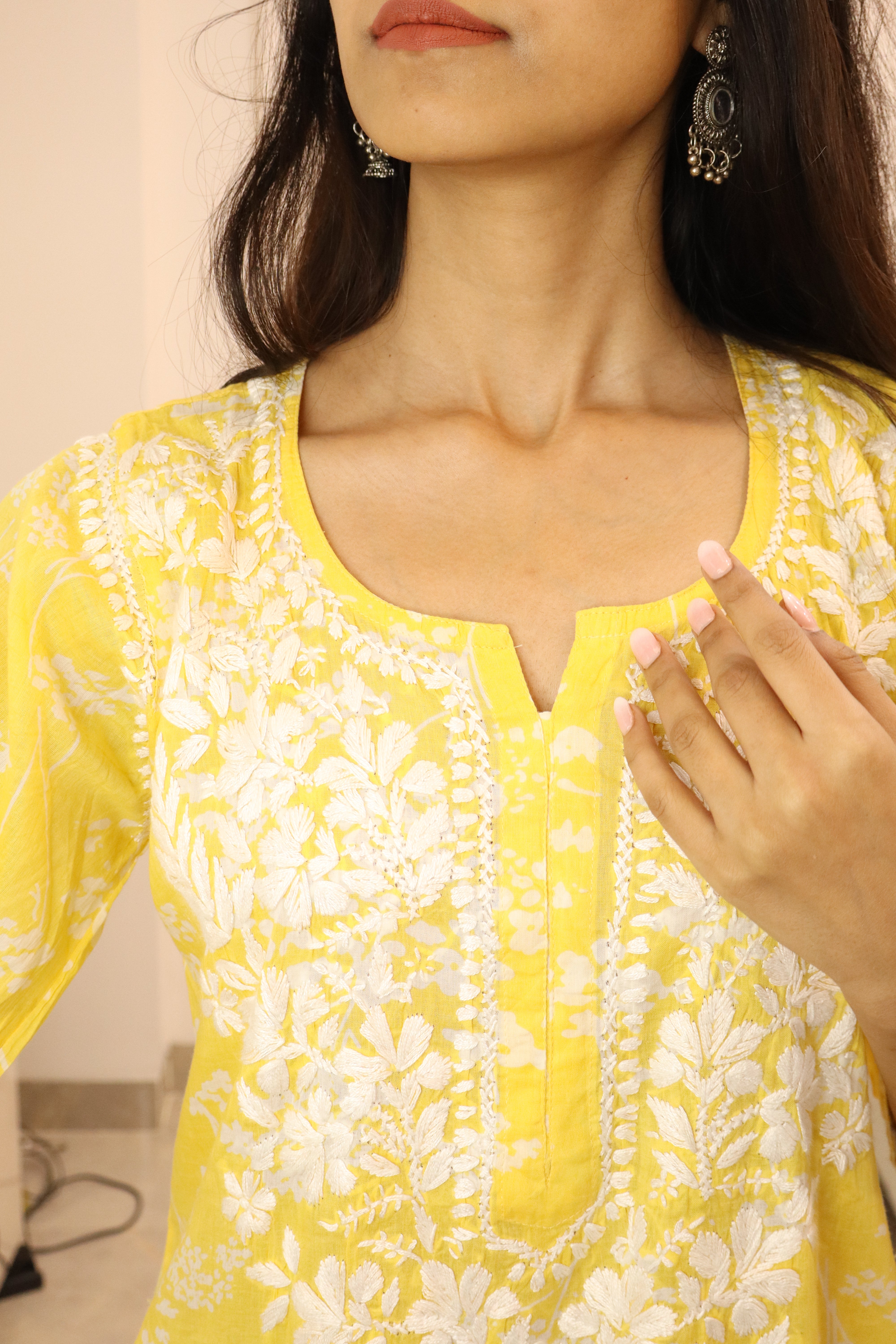 Yellow  floral mul cotton chikankari kurti (only kurti)