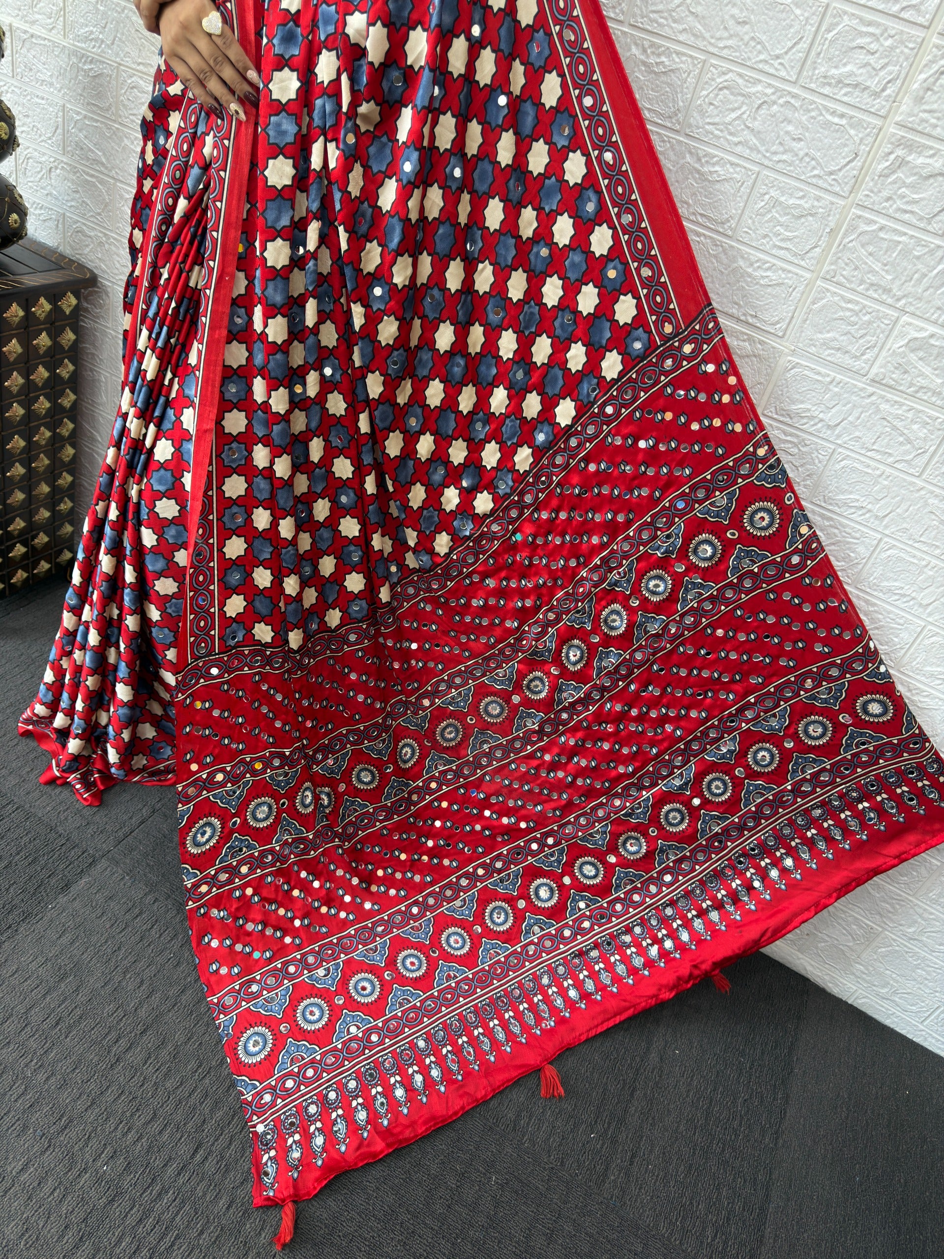 Red Ajrakh Print Mirror Work Satin Silk Saree