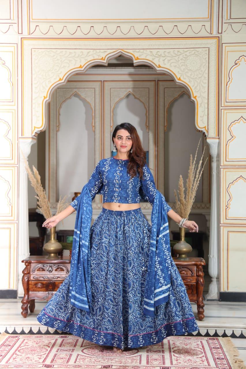 Blue Colour Bagru Print Flora lehenga choli Set