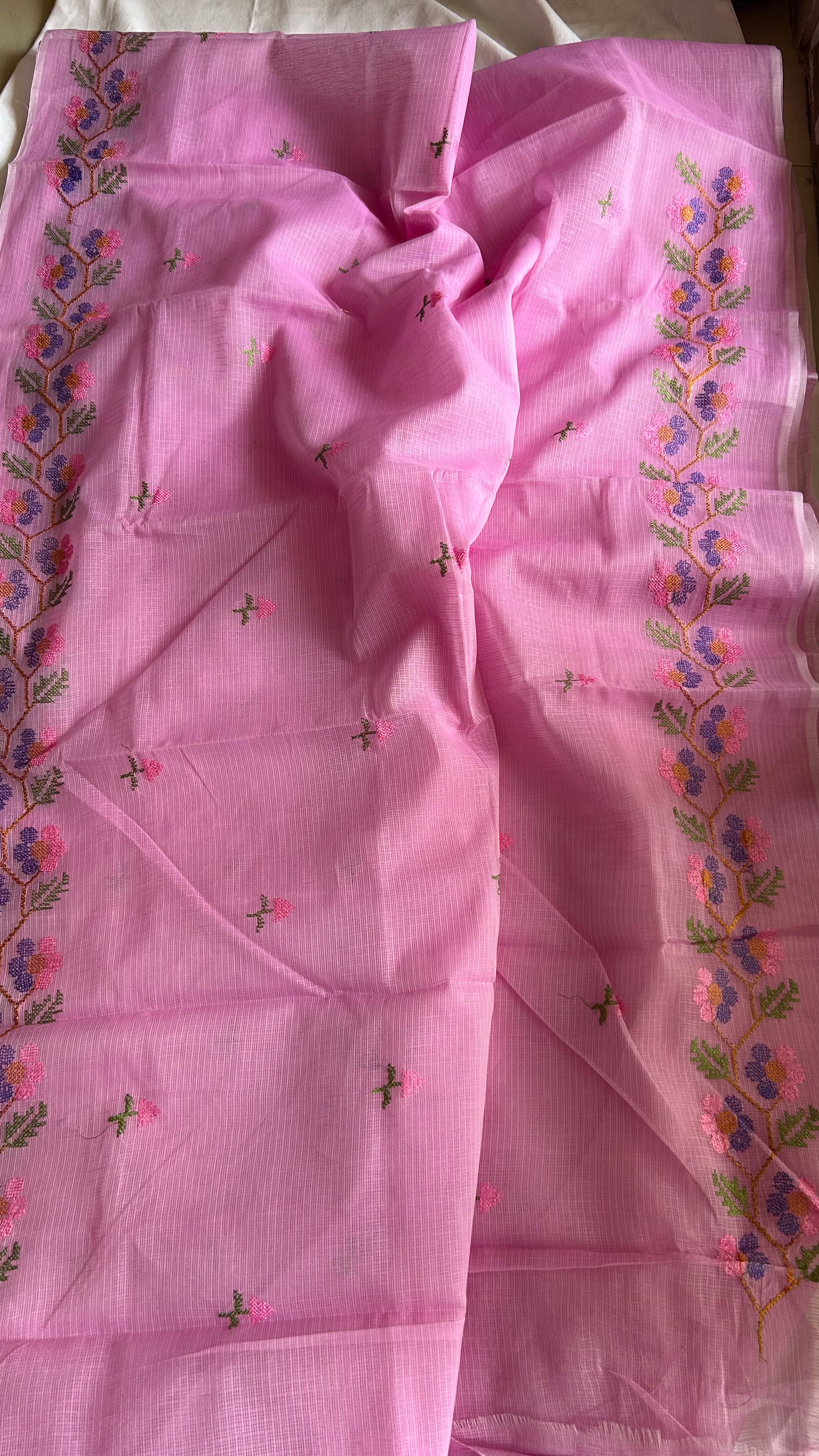 Cross Stitch Kota Doria Embroidery Work Saree In Pink