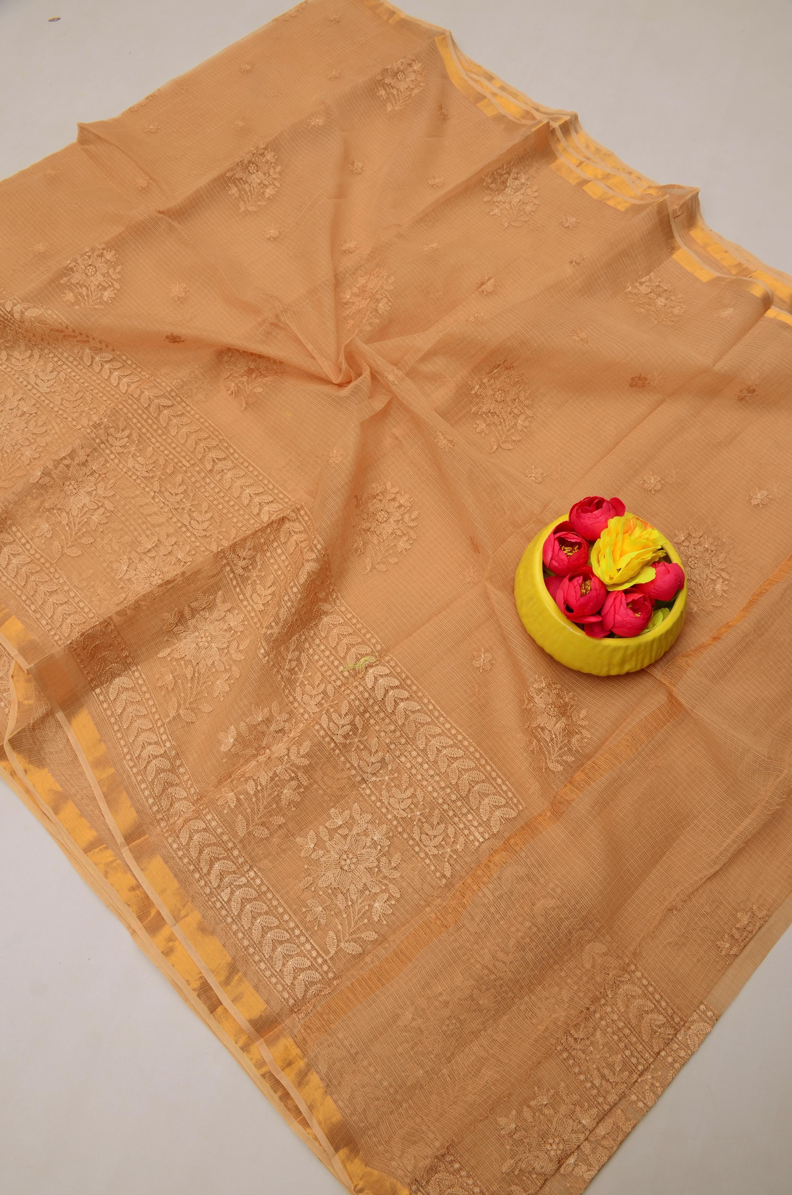 Brown Kota Doria All Over Embroidery Work Saree