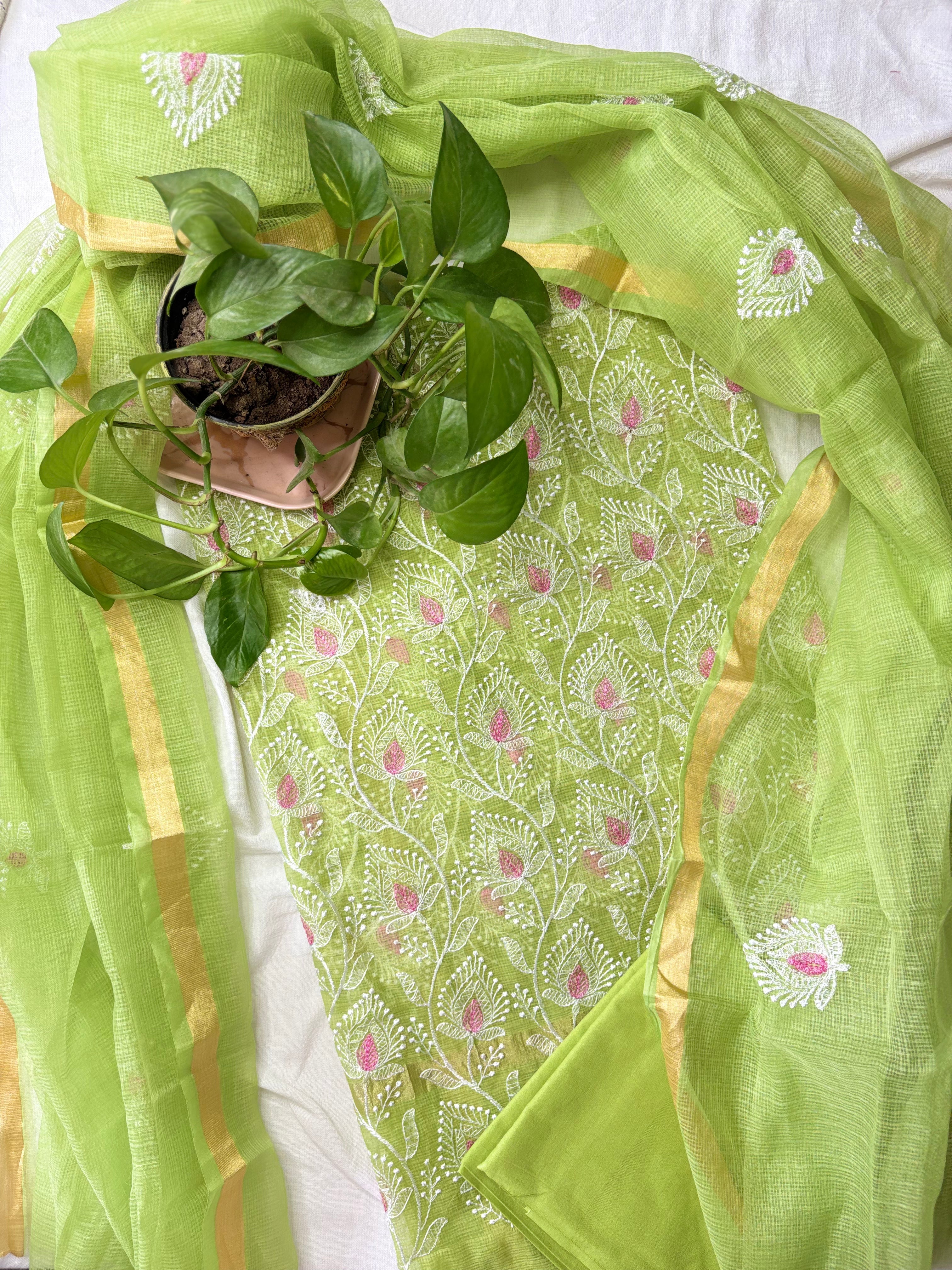 Kota Doriya Embroidery Work Suit In Green