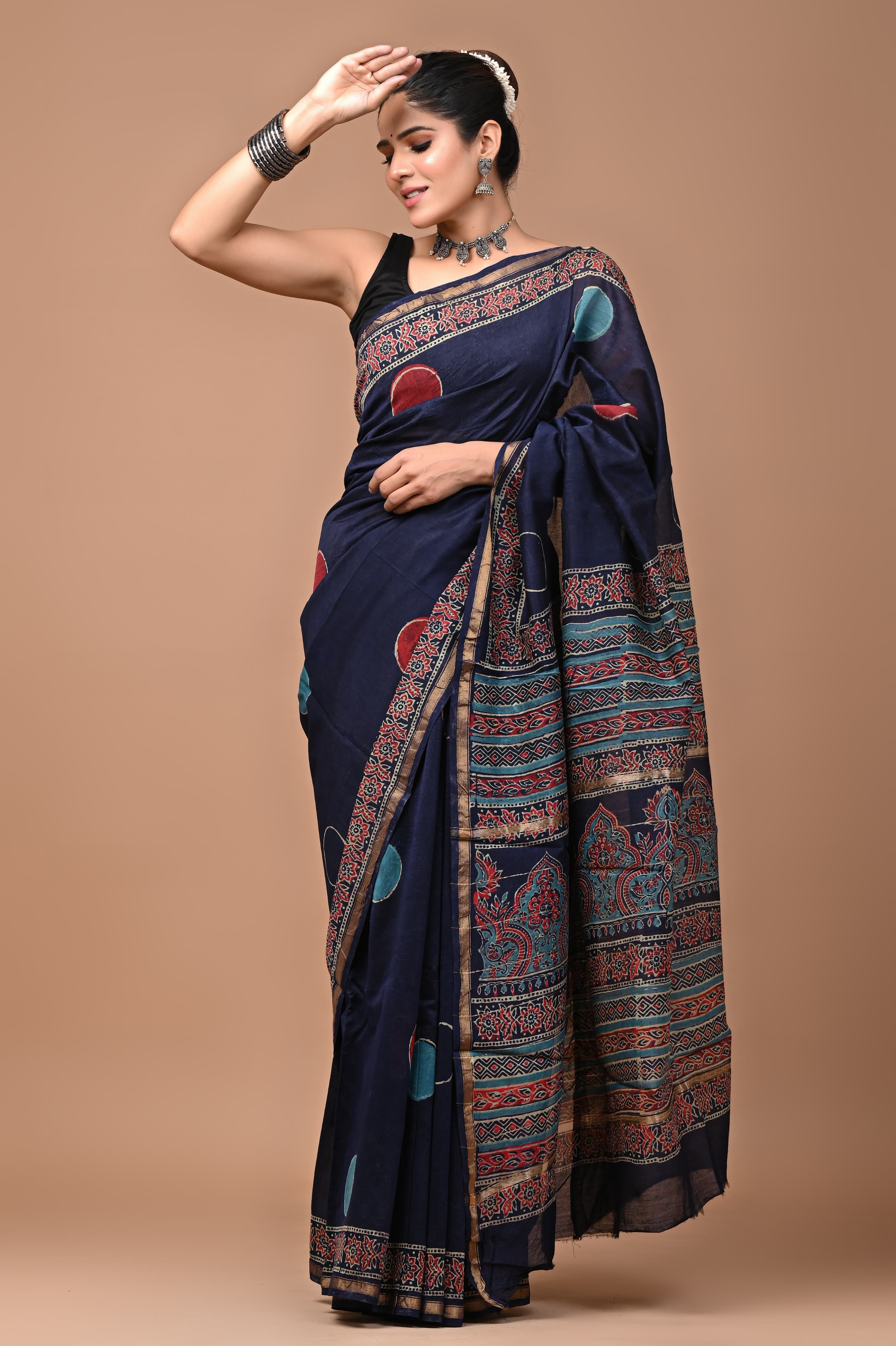 Blue Block Print Jaipuri Saree