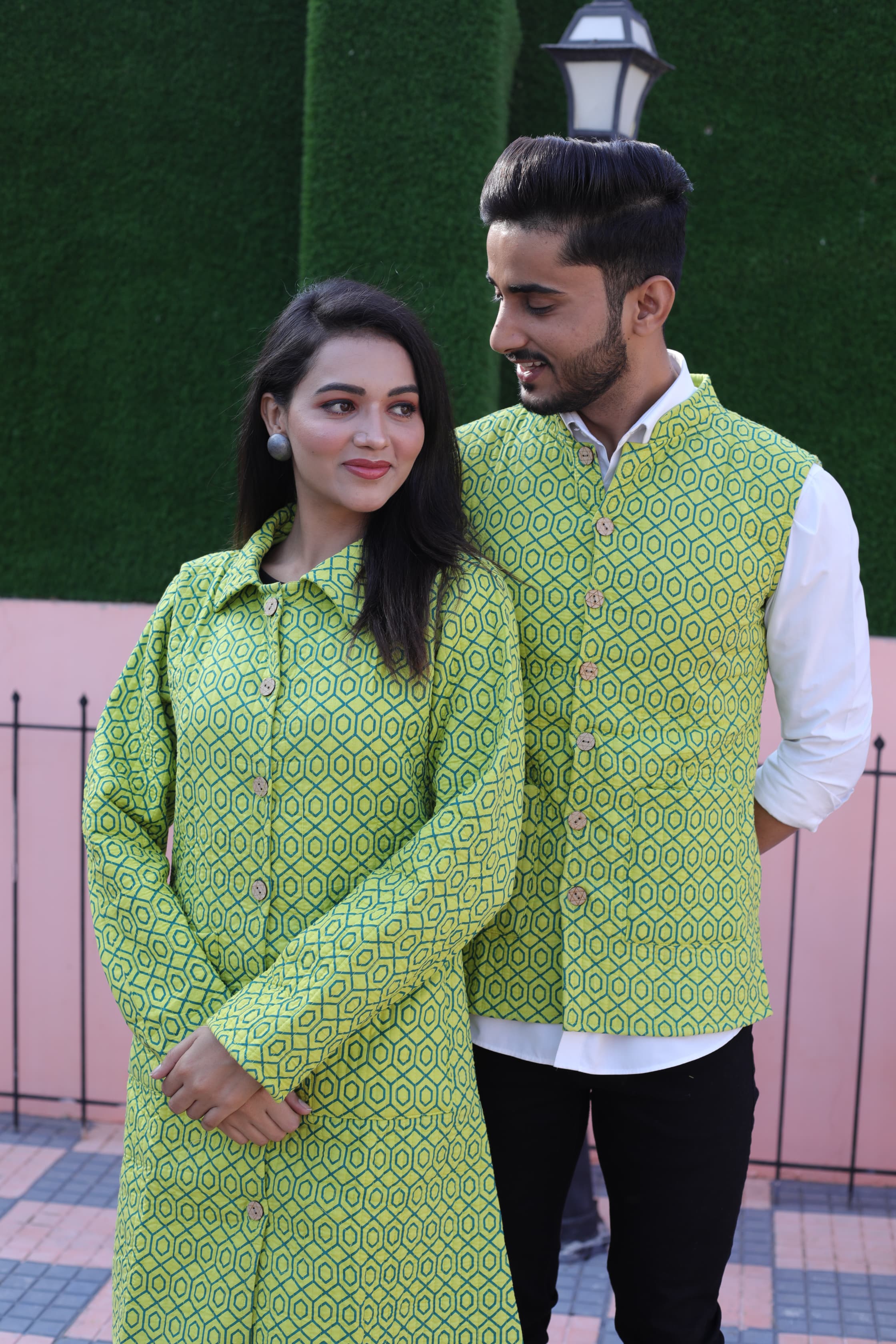 Green Color Twinning Couple Pure Cotton Bagru Print Quilted Reversible Jackets