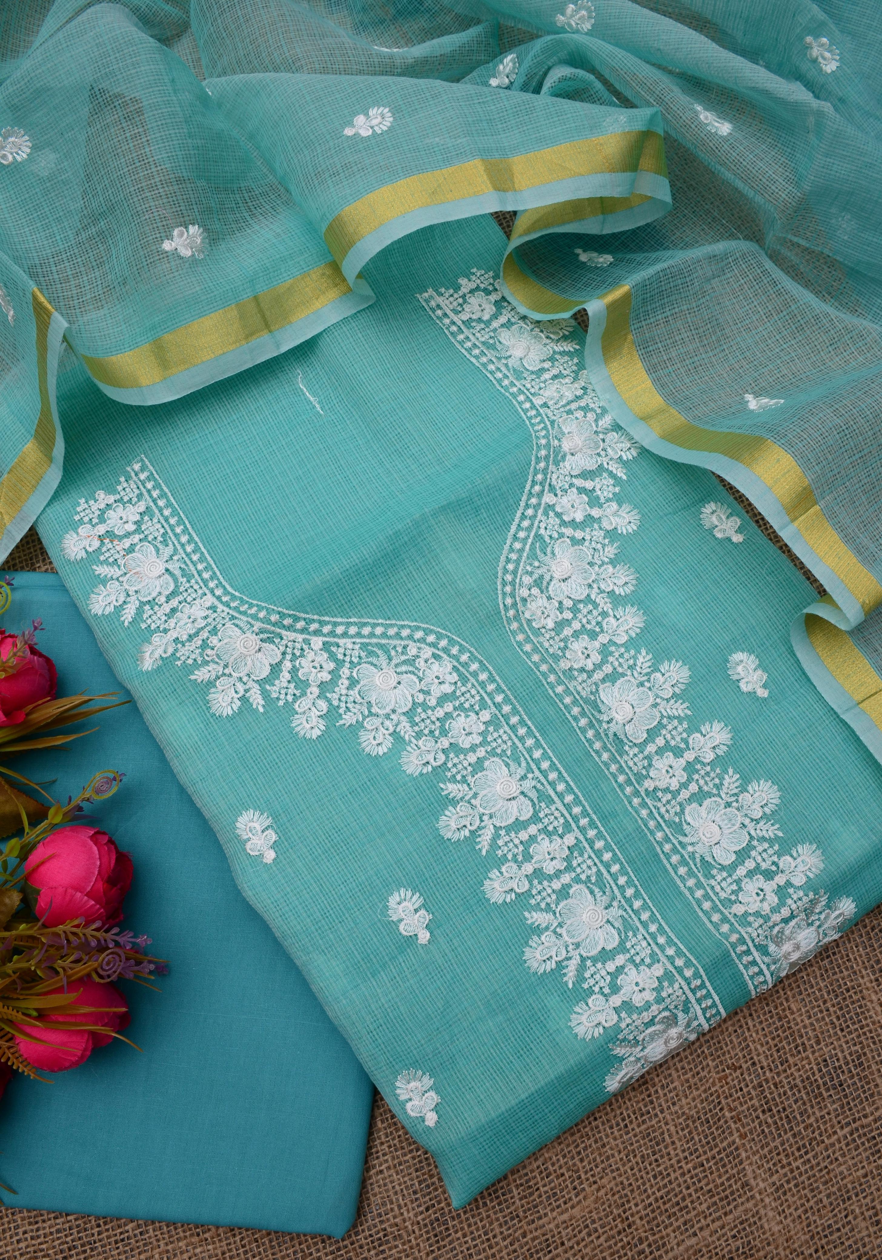 Sea Blue Embroided Work Kota Doria Suit Fabric With Dupatta