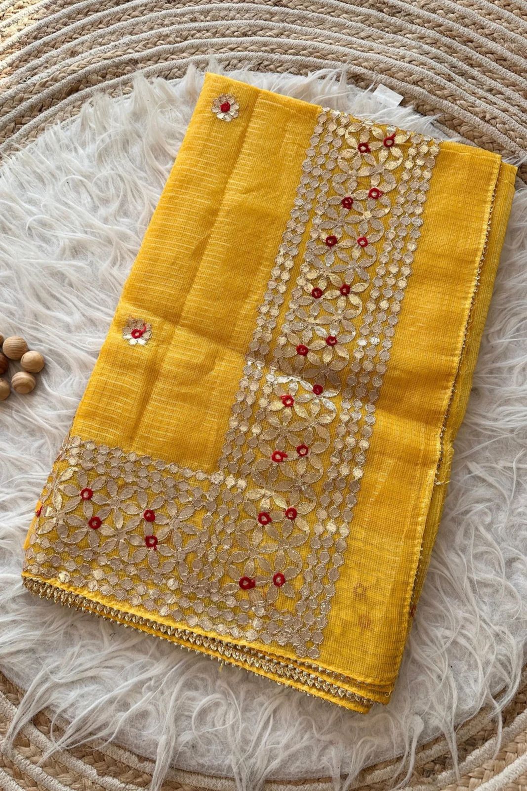 Bulbul- Yellow Kota Doria Heavy Border Gota Patti Saree