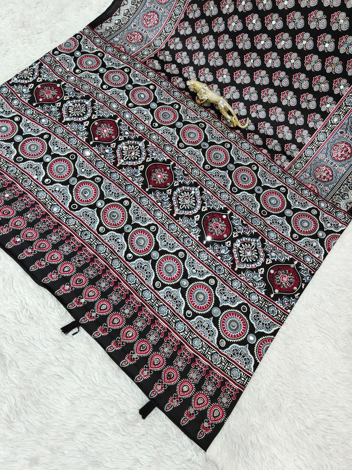 Black Ajrakh Print Mirror Work Satin Silk Saree