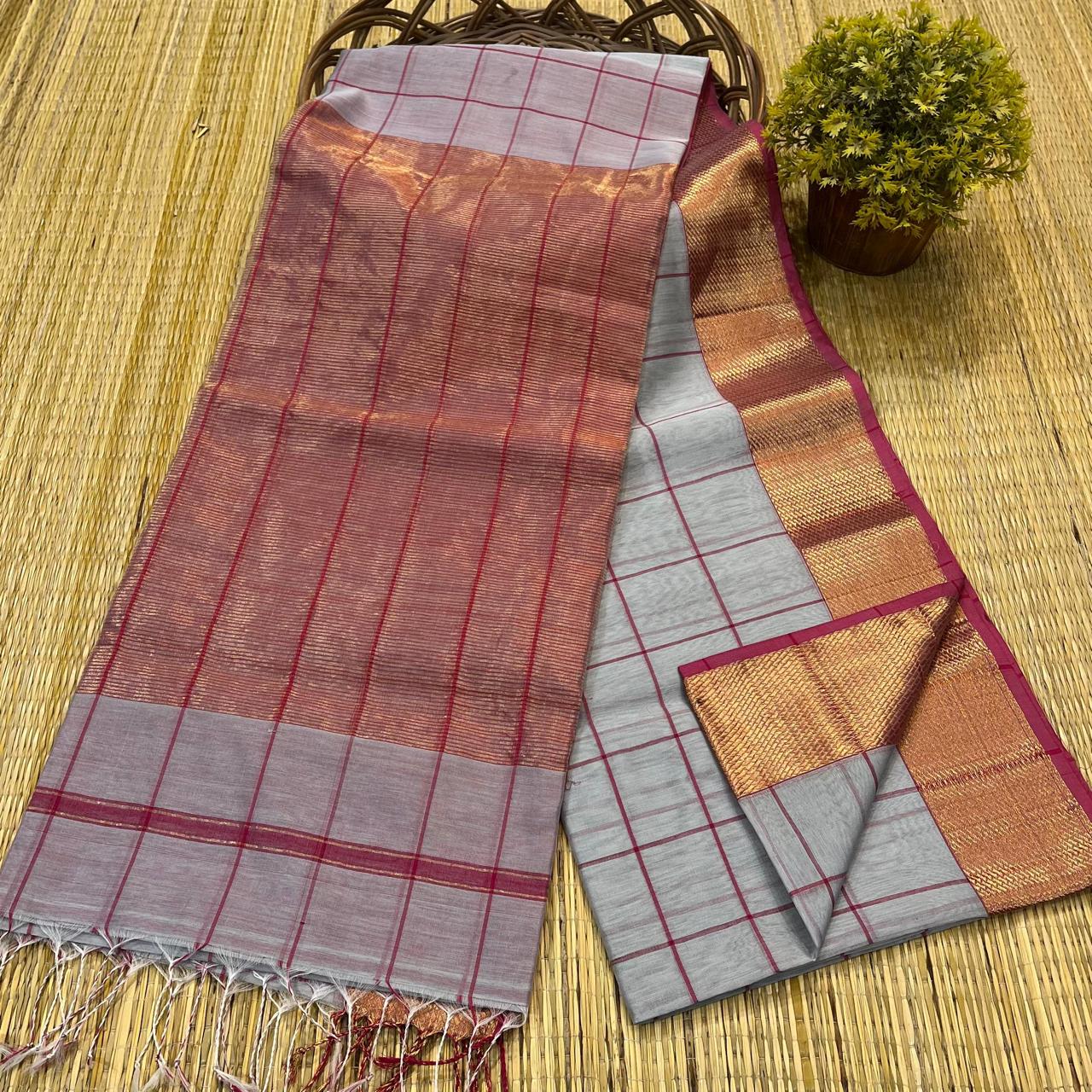 Maheshwari Silk Saree In Grey