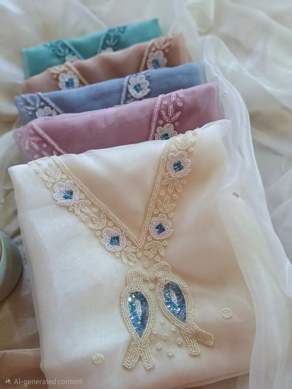 Lavender Organza Suit With Beautiful Pearl Neck Work