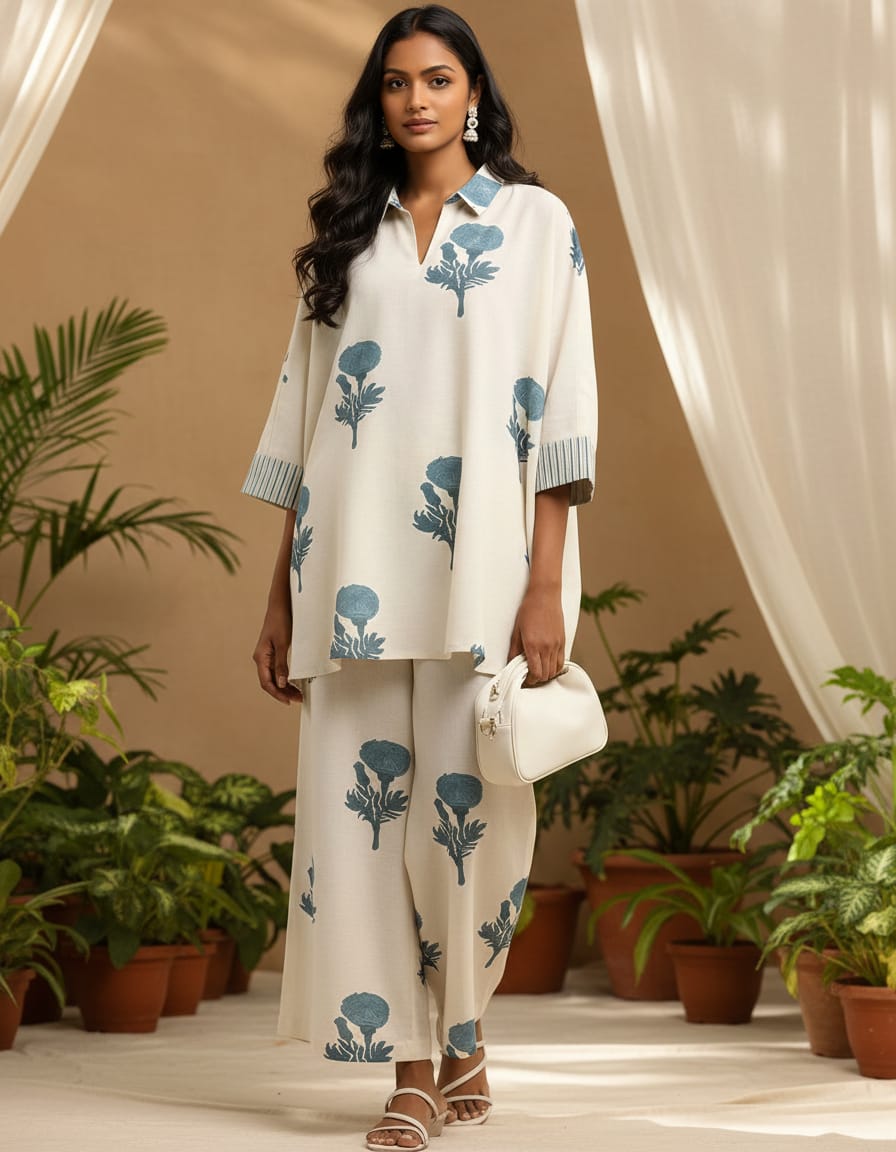 Summer Off White Printed Kurti-Pant Set