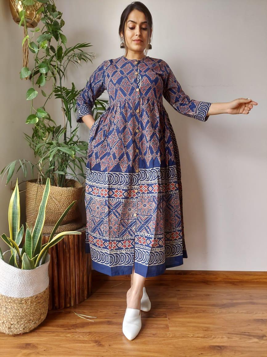 Blue summer dress bagru print 