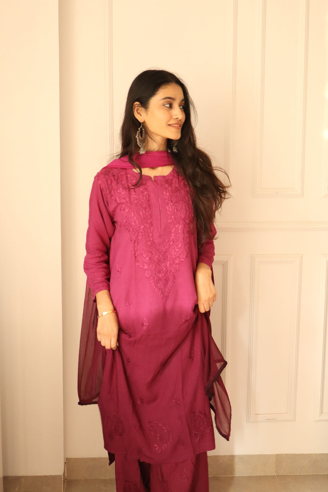 Pink Chikankari Rayon Kurti Palazzo Set With Dupatta