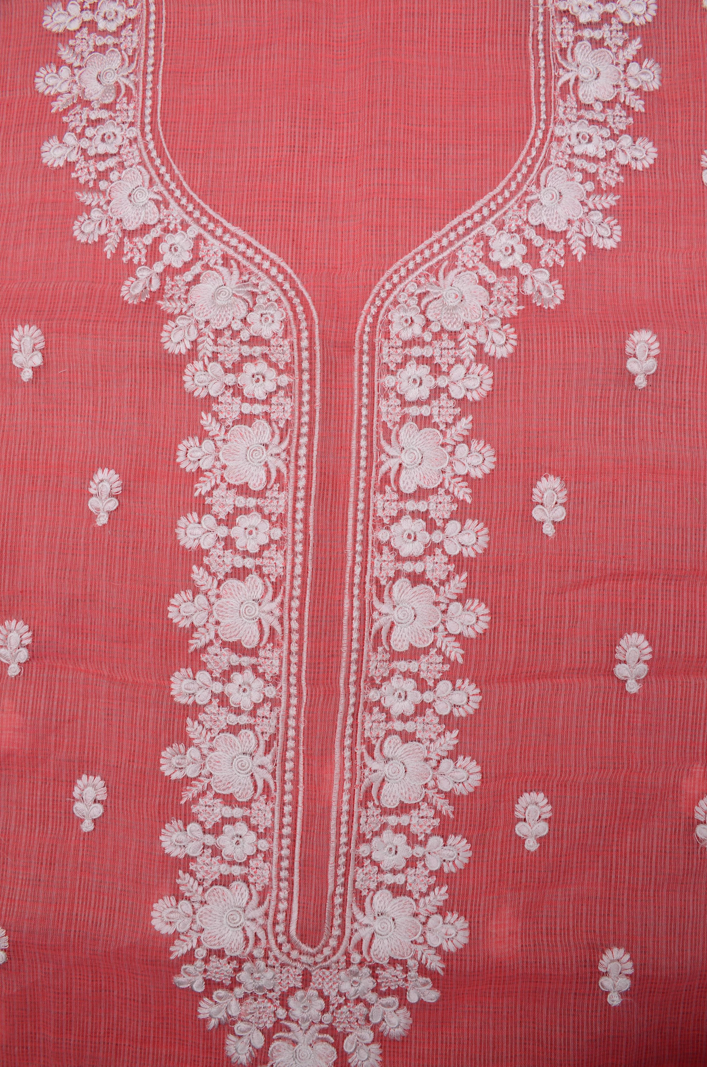 Pink Embroided Work Kota Doria Suit Fabric With Dupatta