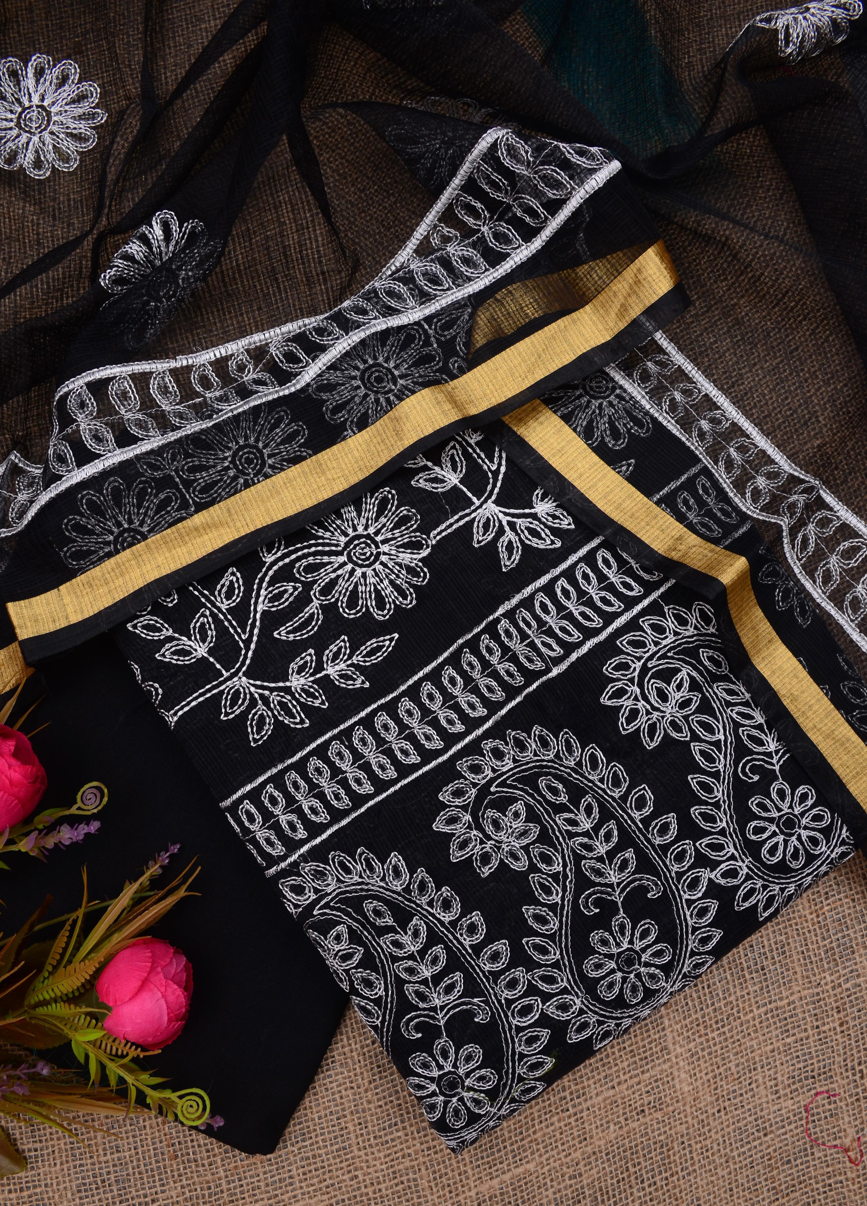 Black Embroided Cotton Kota Doria Suit Fabric With Dupatta
