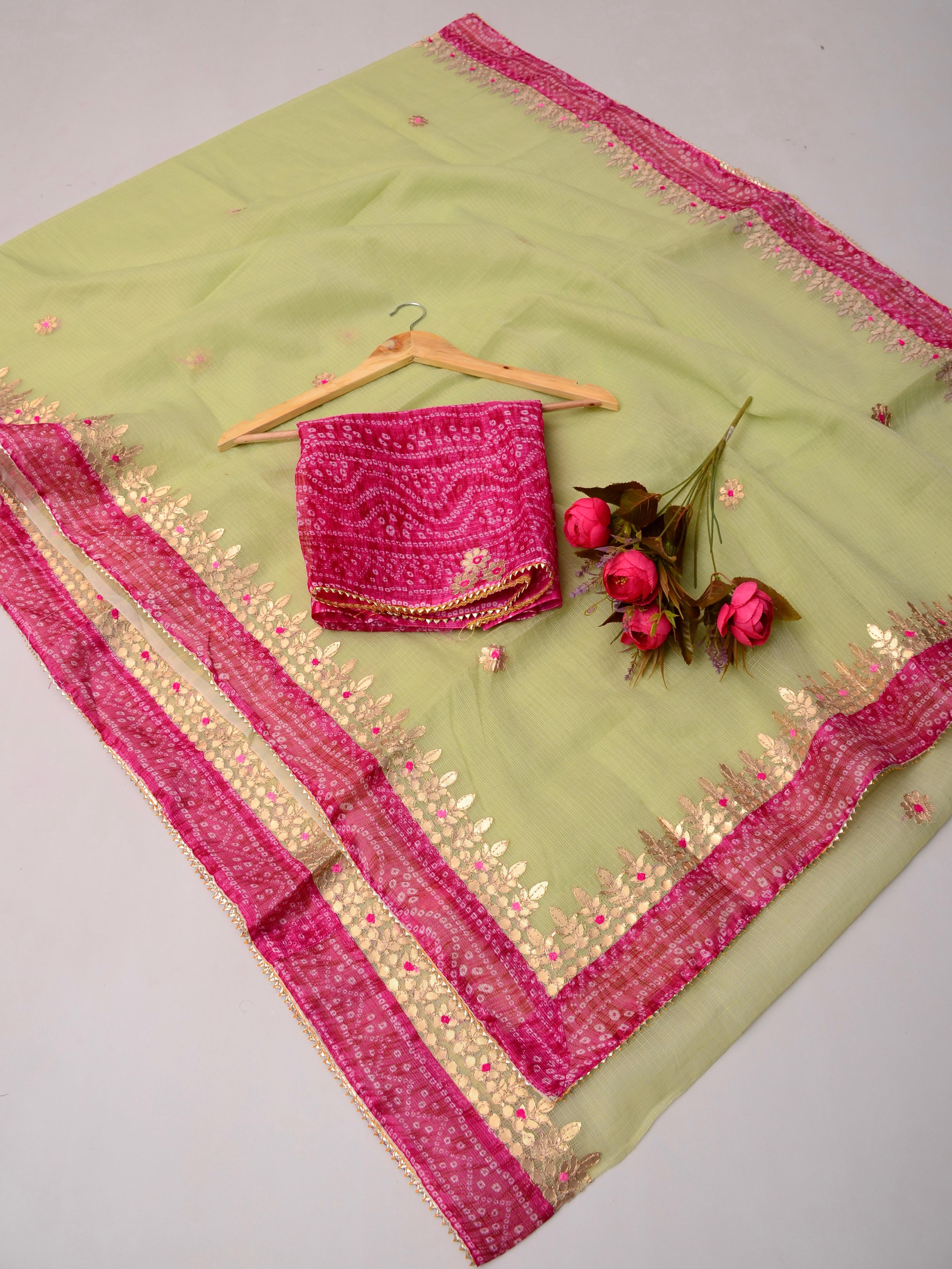 green Kota Doria Gota Patti Saree