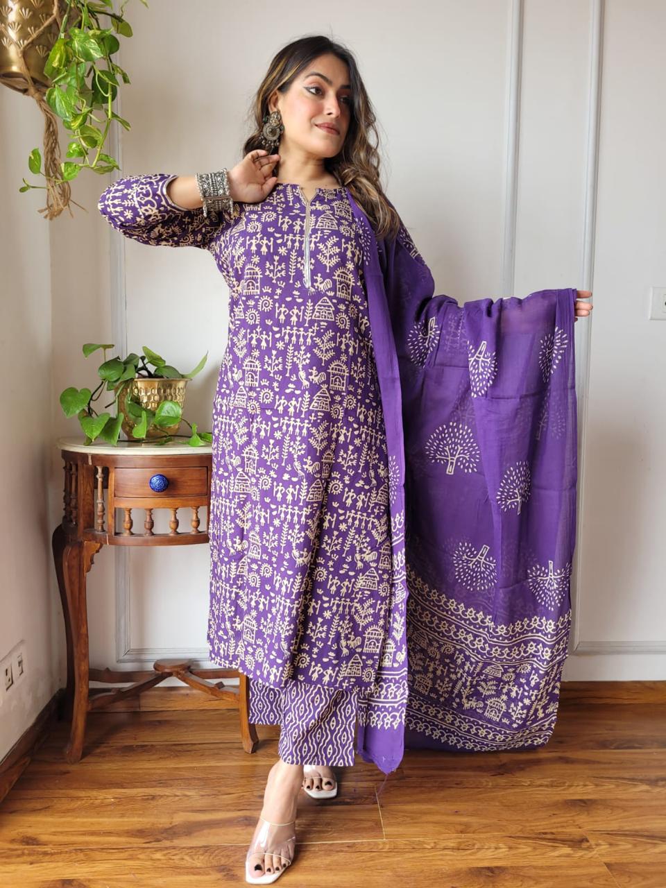 Purple Block Print Suit Set And Dupatta