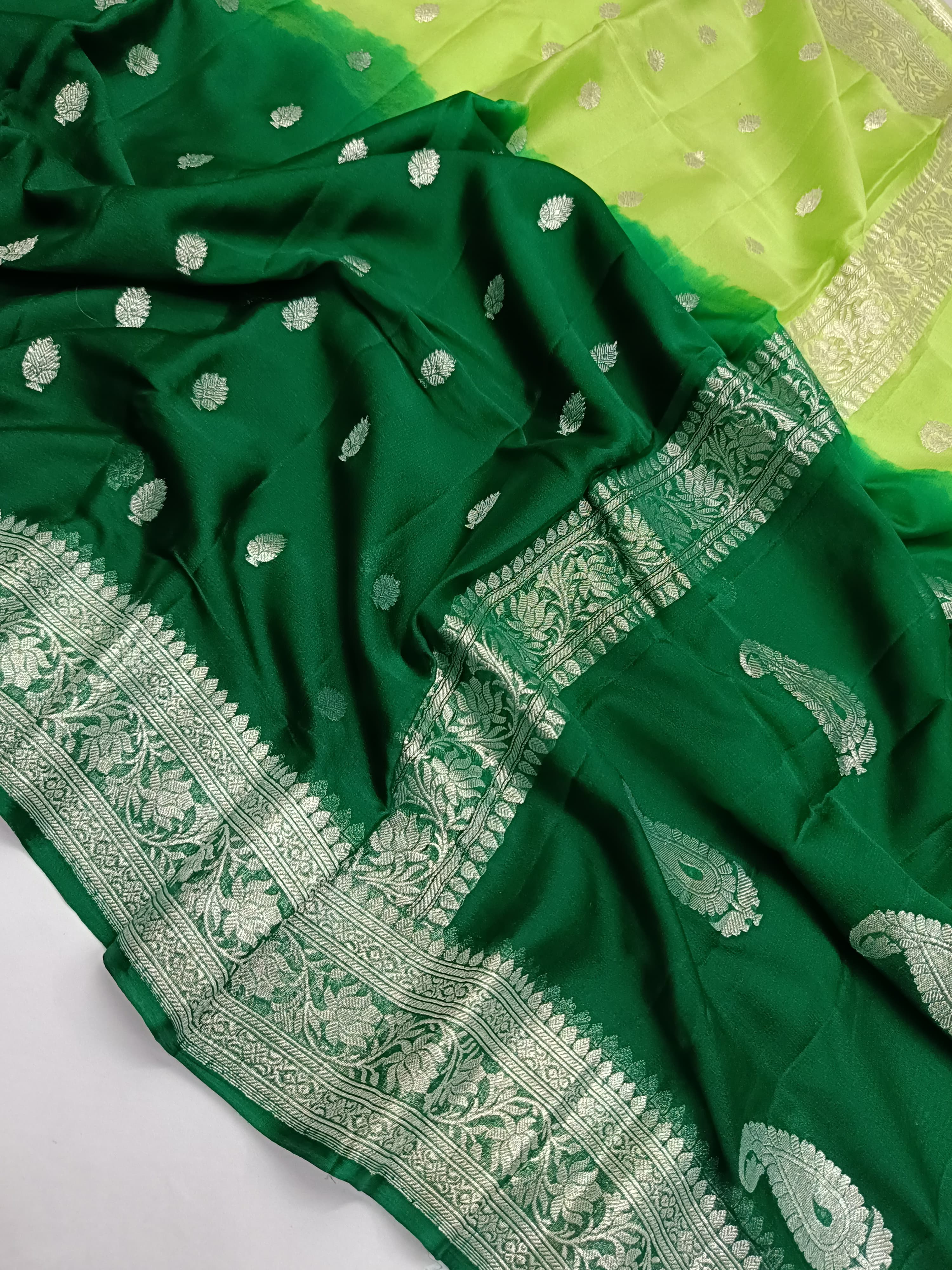 Deep Green And Lime Green Banarasi Khaddi Georgette Jaal Saree