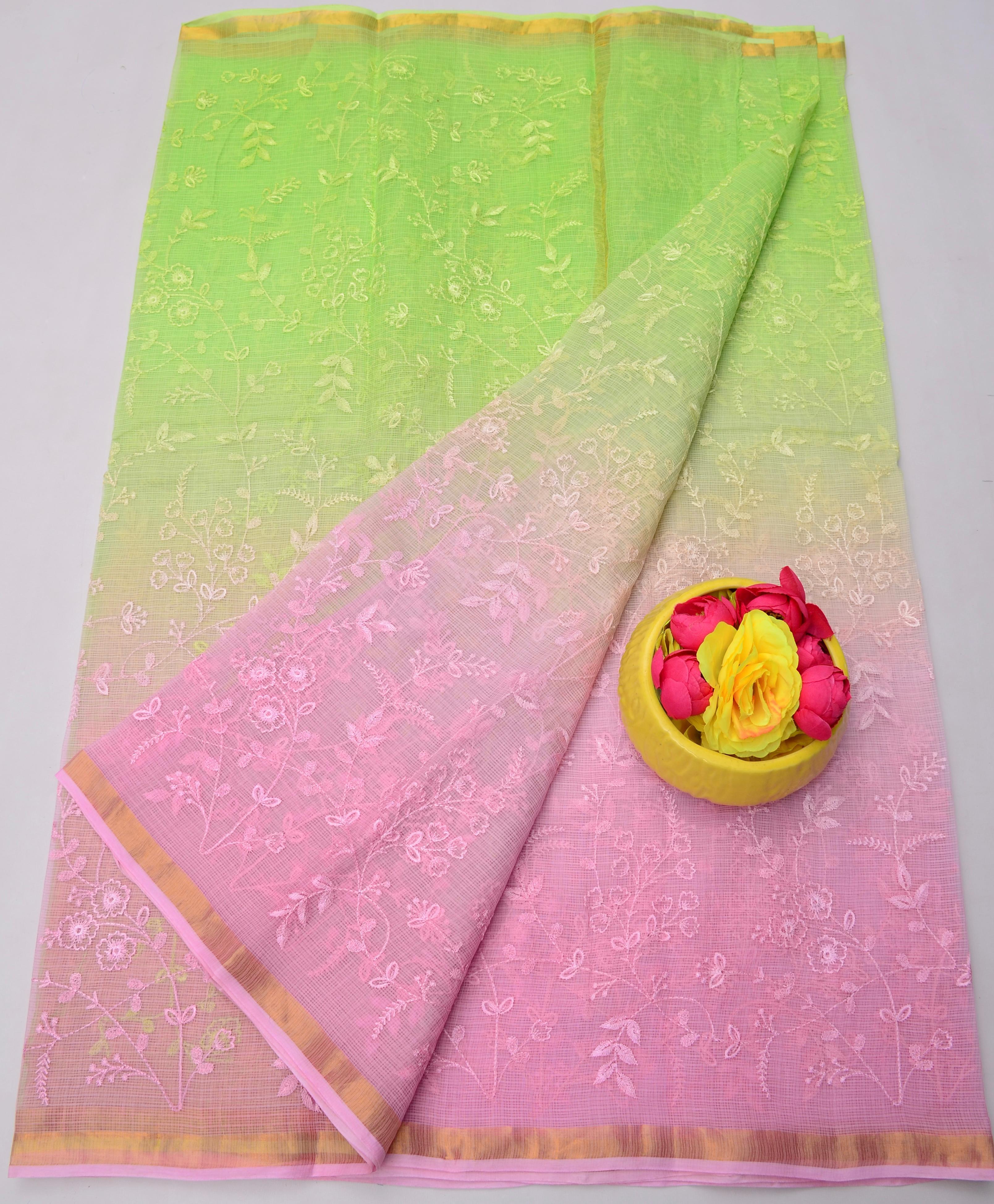 Green & Pink Kota Doria Embroidery Work Saree