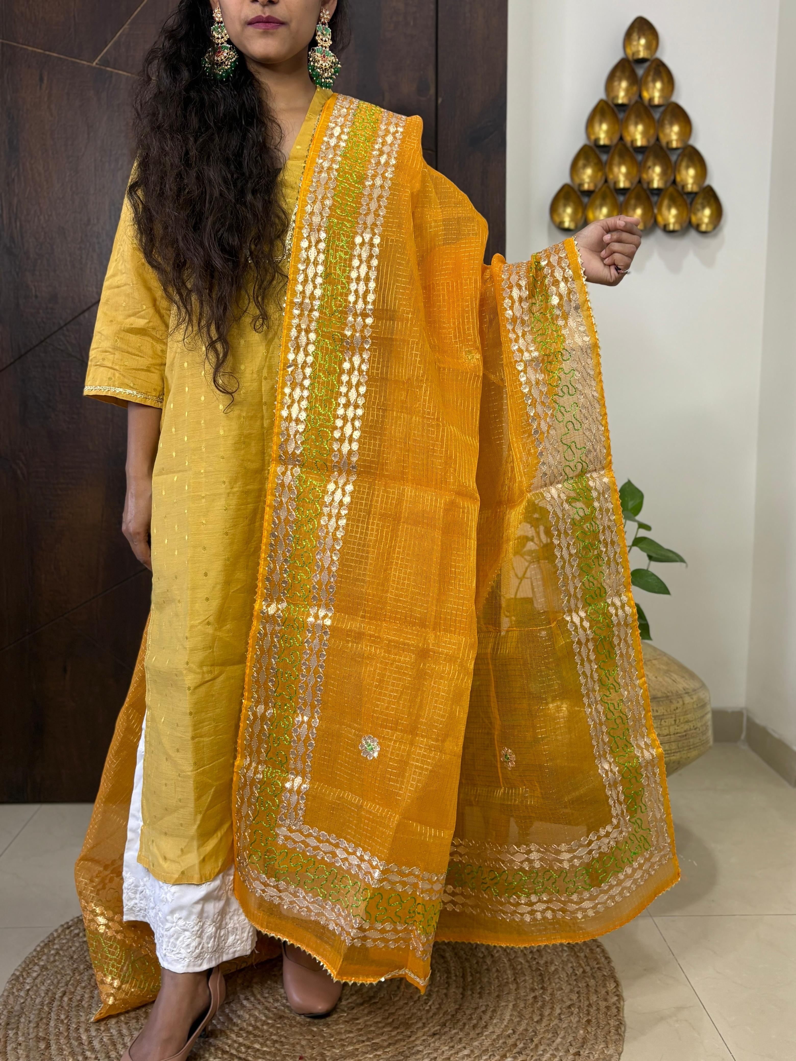 Yellow Kota Doria Heavy Gota Patti Work Dupatta