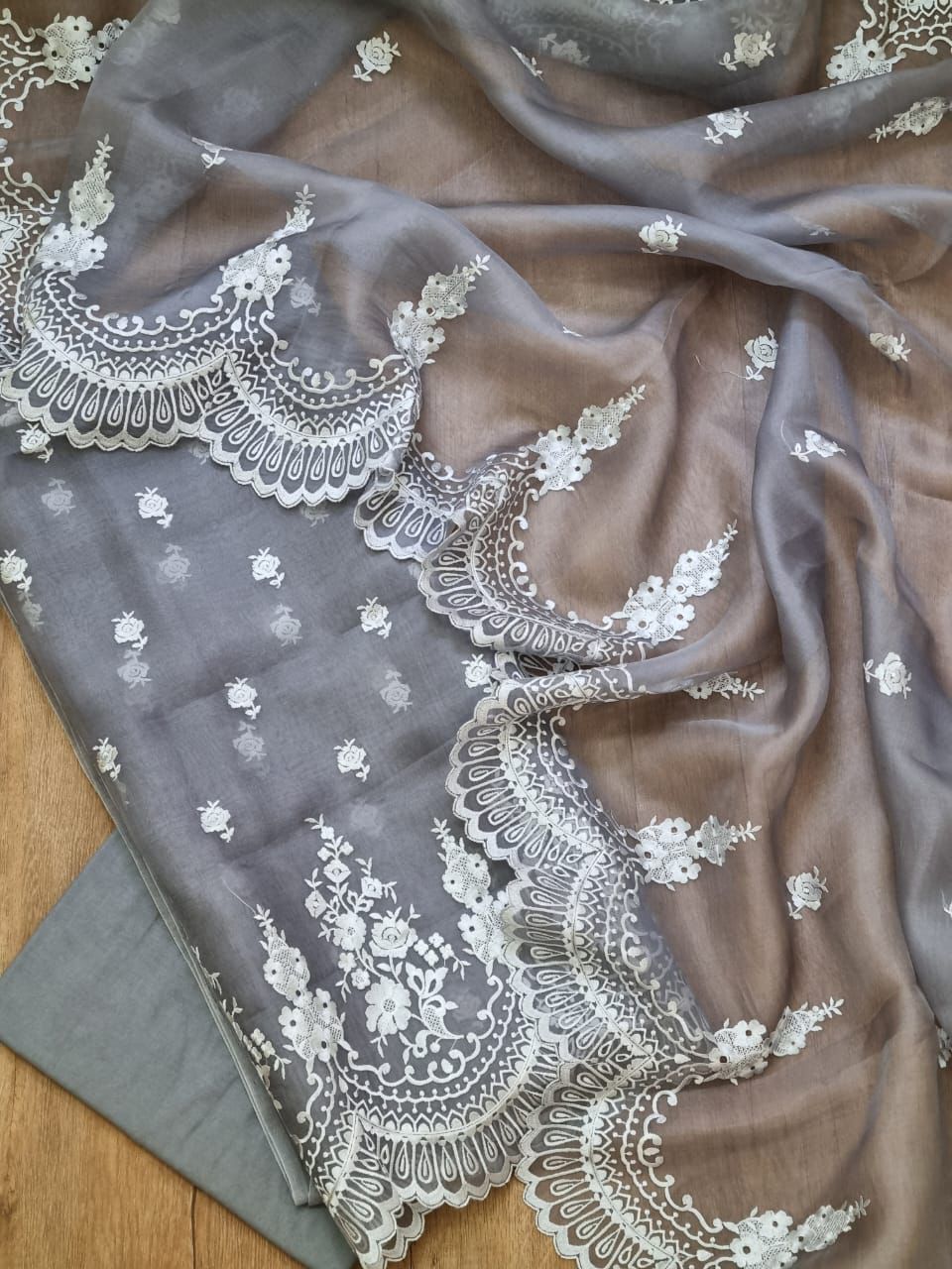 Grey Banarasi Organza Silk Embroidery Suit(Unstitched)