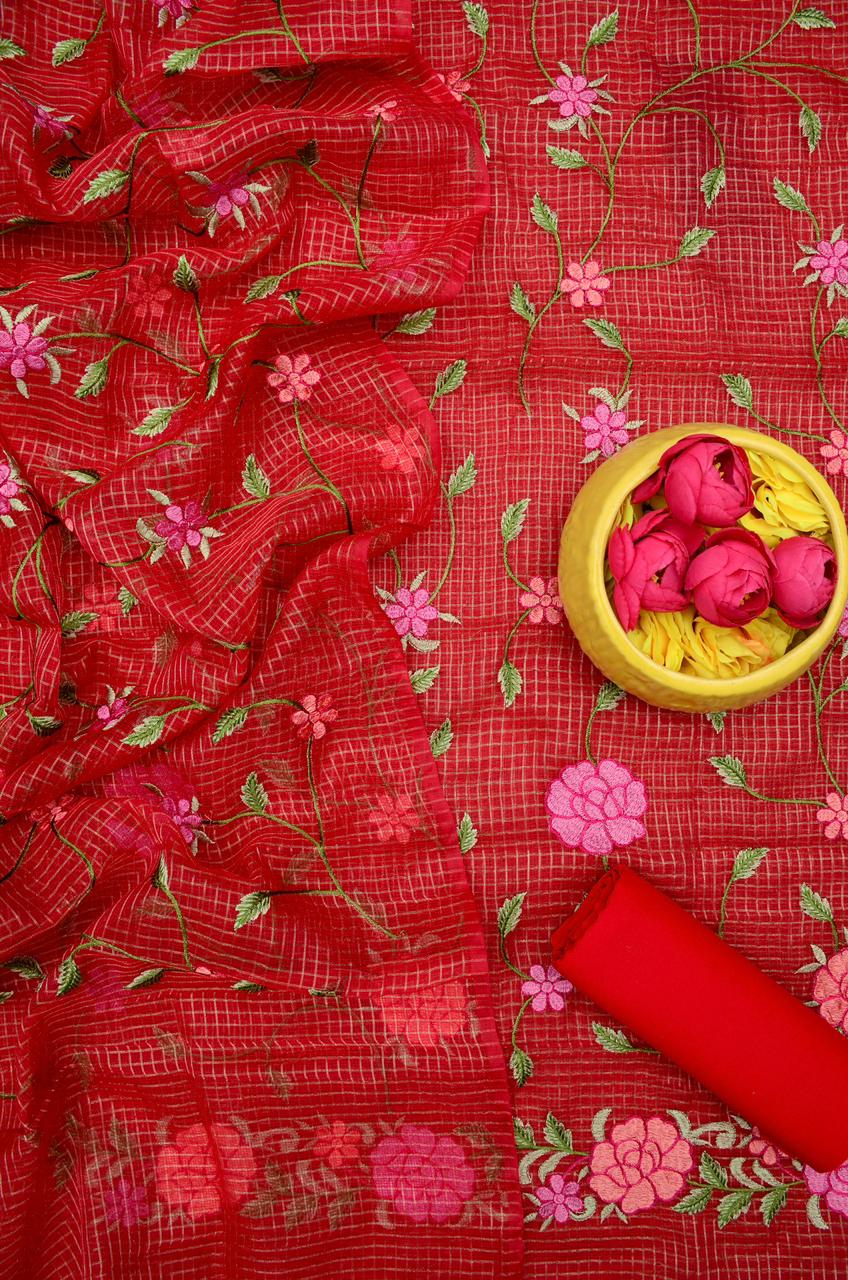 Kota Doria Embroidered Suit Set In Red (unstitched)