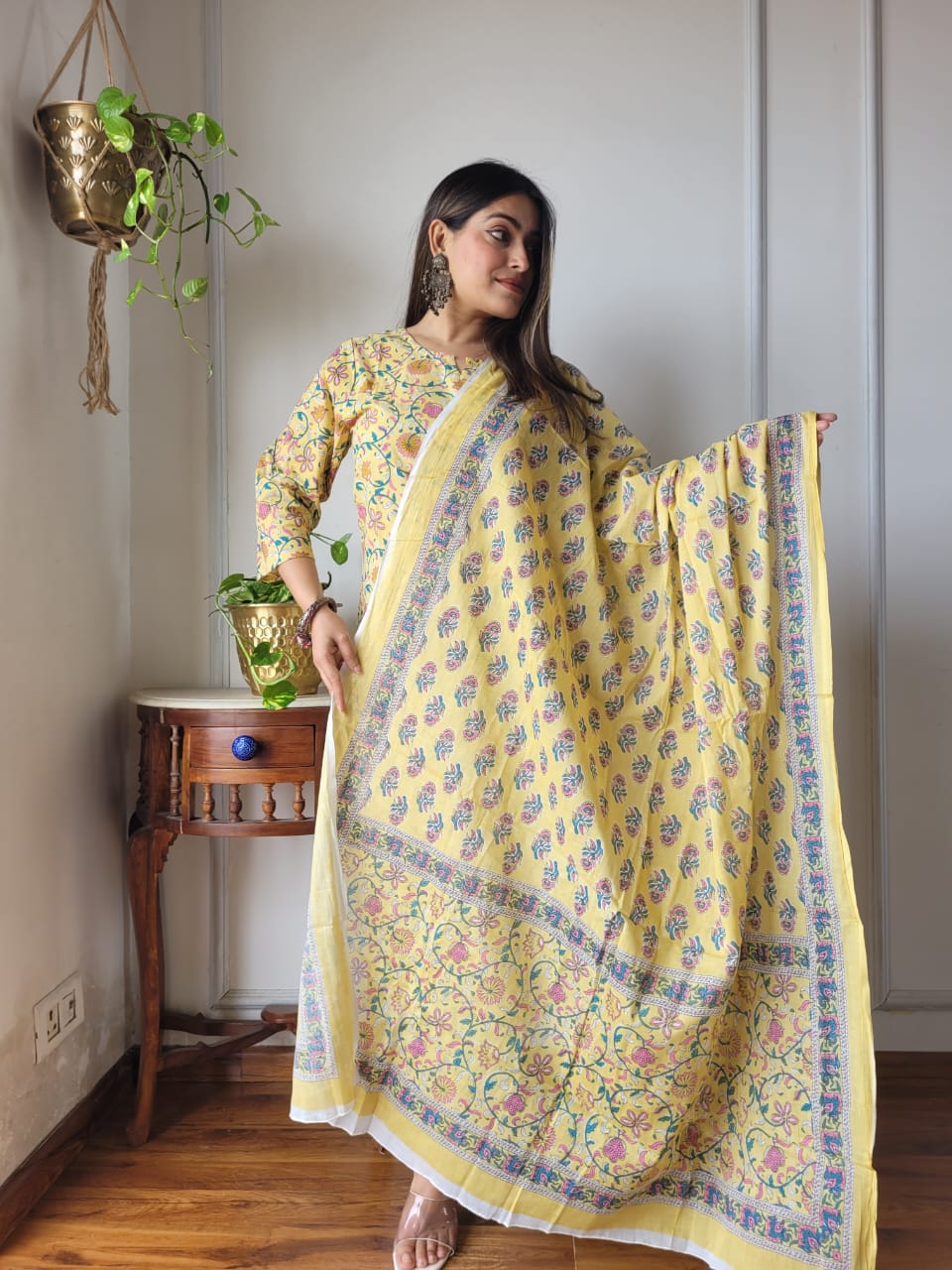 Summer Yellow Block Print Suit Set And Dupatta