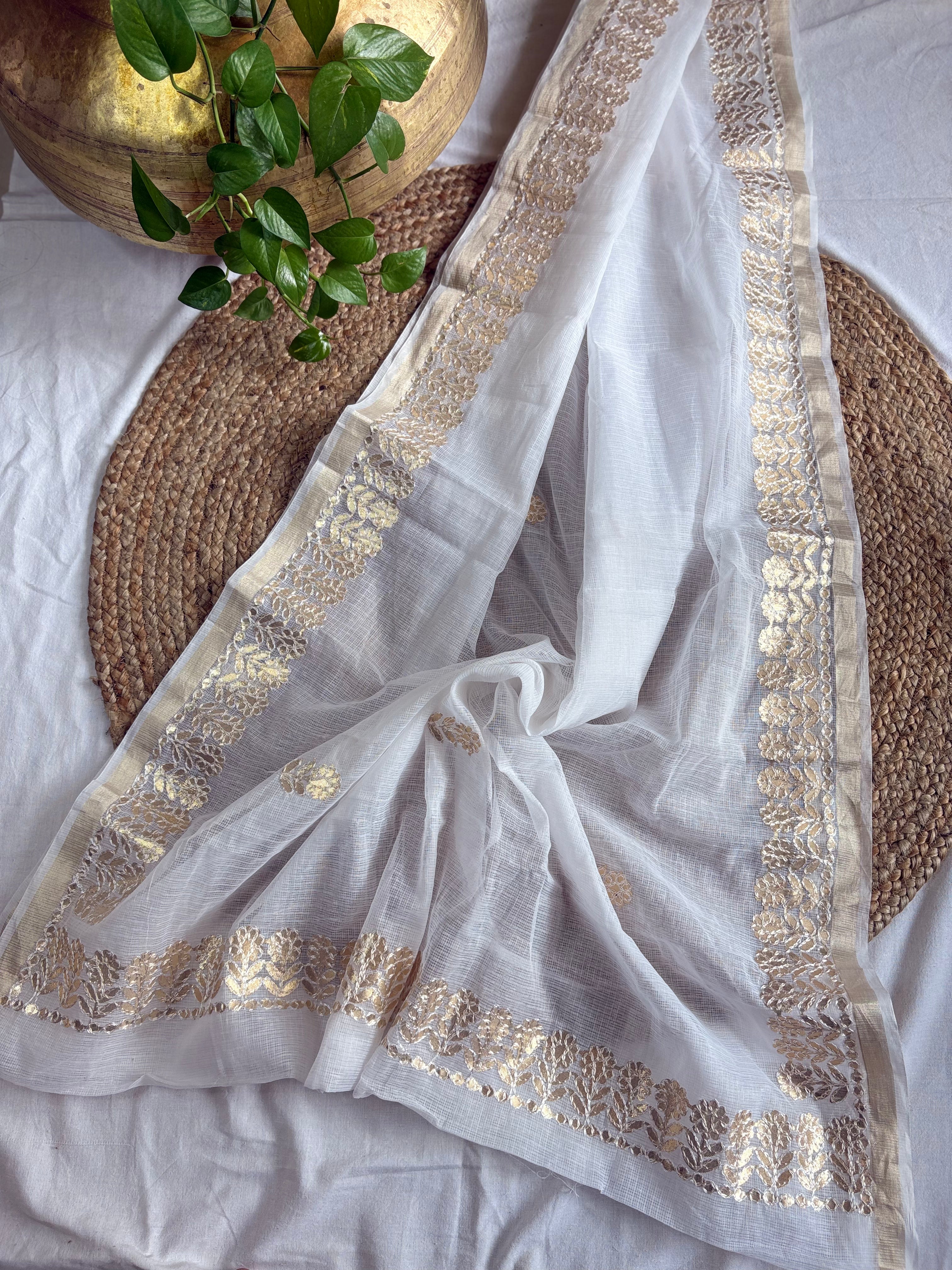 White Kota Doria Gota Patti Saree