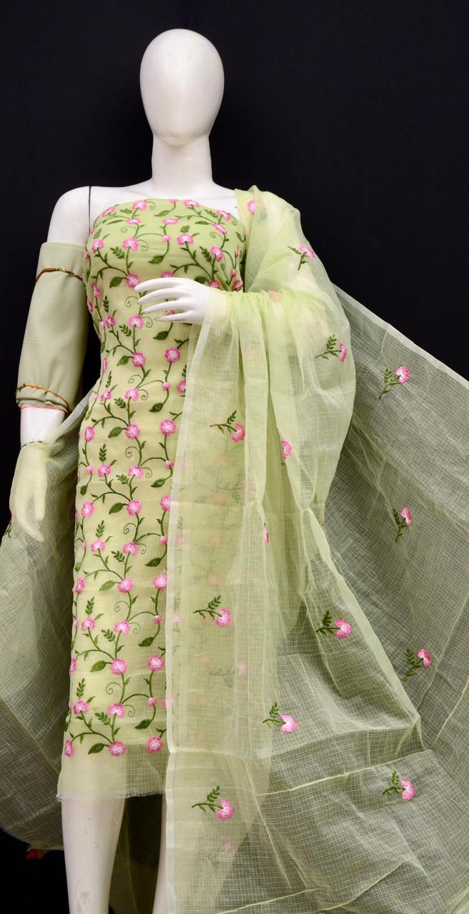 Kota Doria Embroidered Suit Set In Green