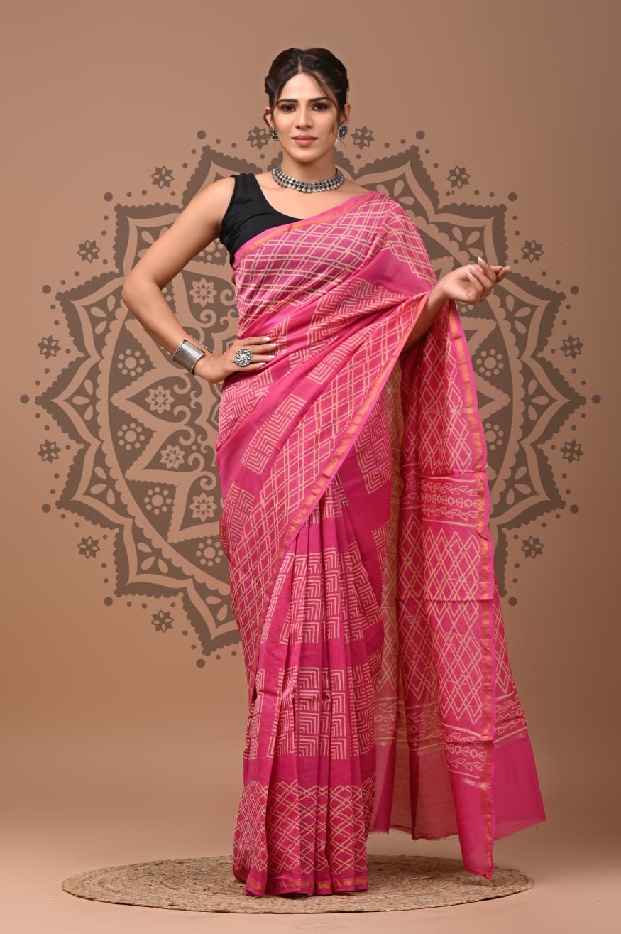 Pink Maheshwari Block Print Saree