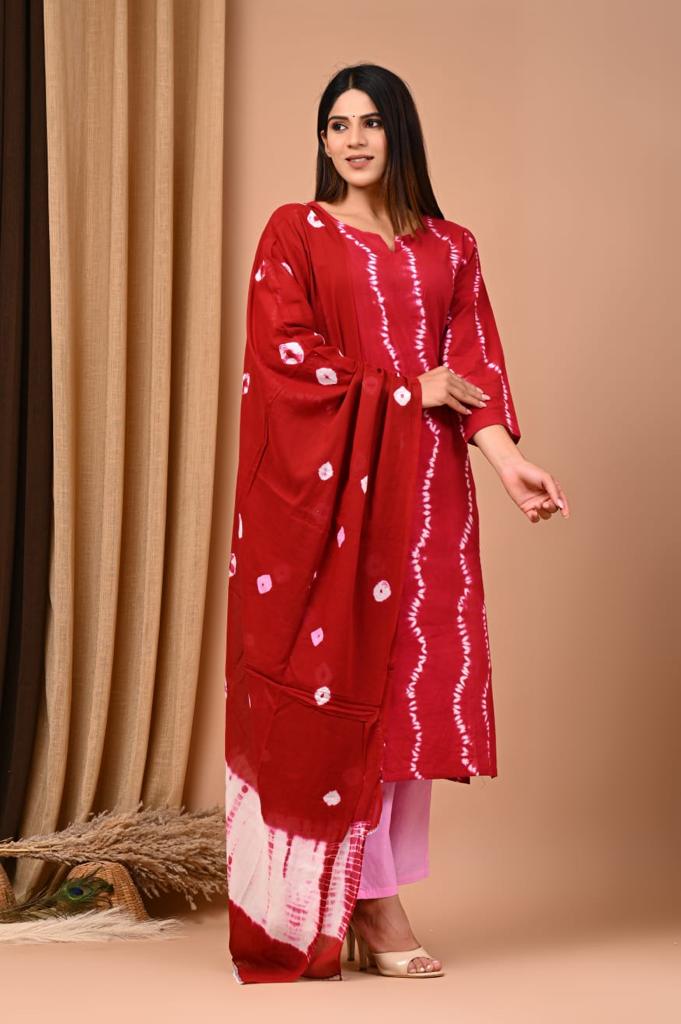 Red Block Print Suit Set With Dupatta