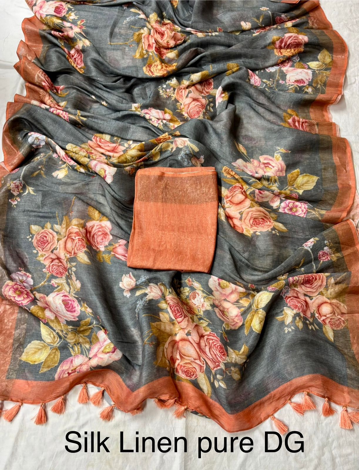 Lavani Black Floral Print Pure Linen Saree