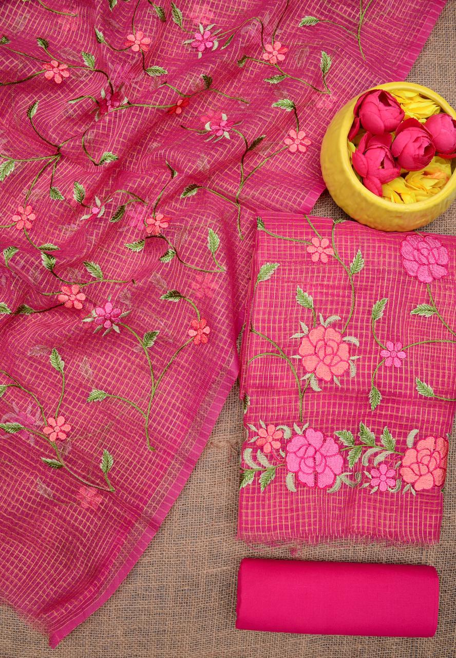 Kota Doria Embroidered Suit Set In Pink ch (unstitched) (Copy)
