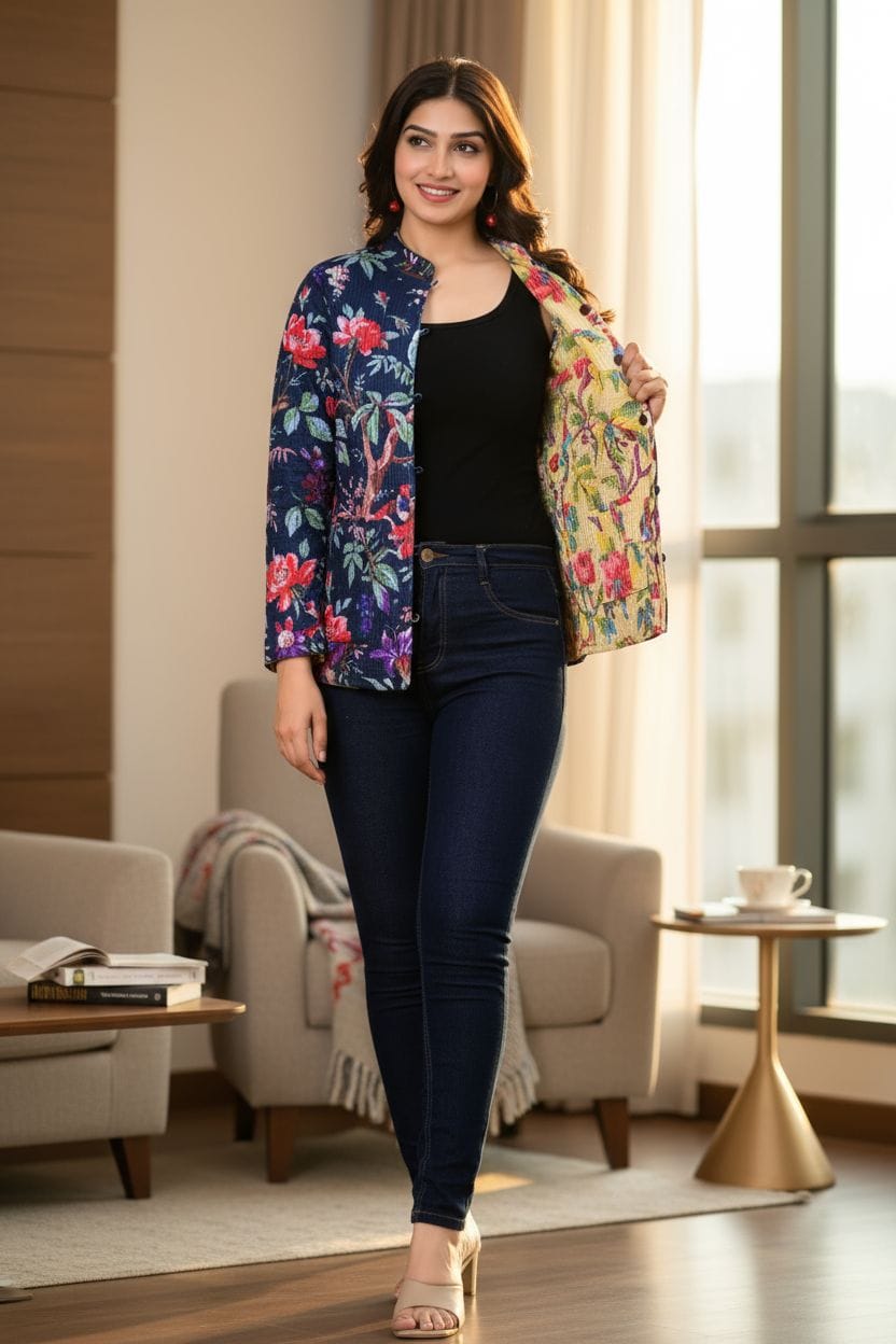 Beautiful Blue Pure Cotton Quilted Reversible Print Jackets