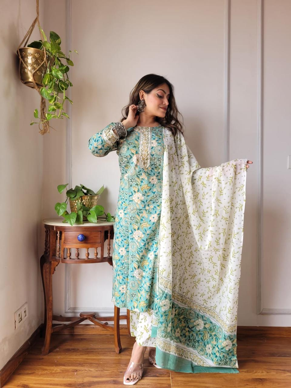 Green Block Print Suit Set With Dupatta
