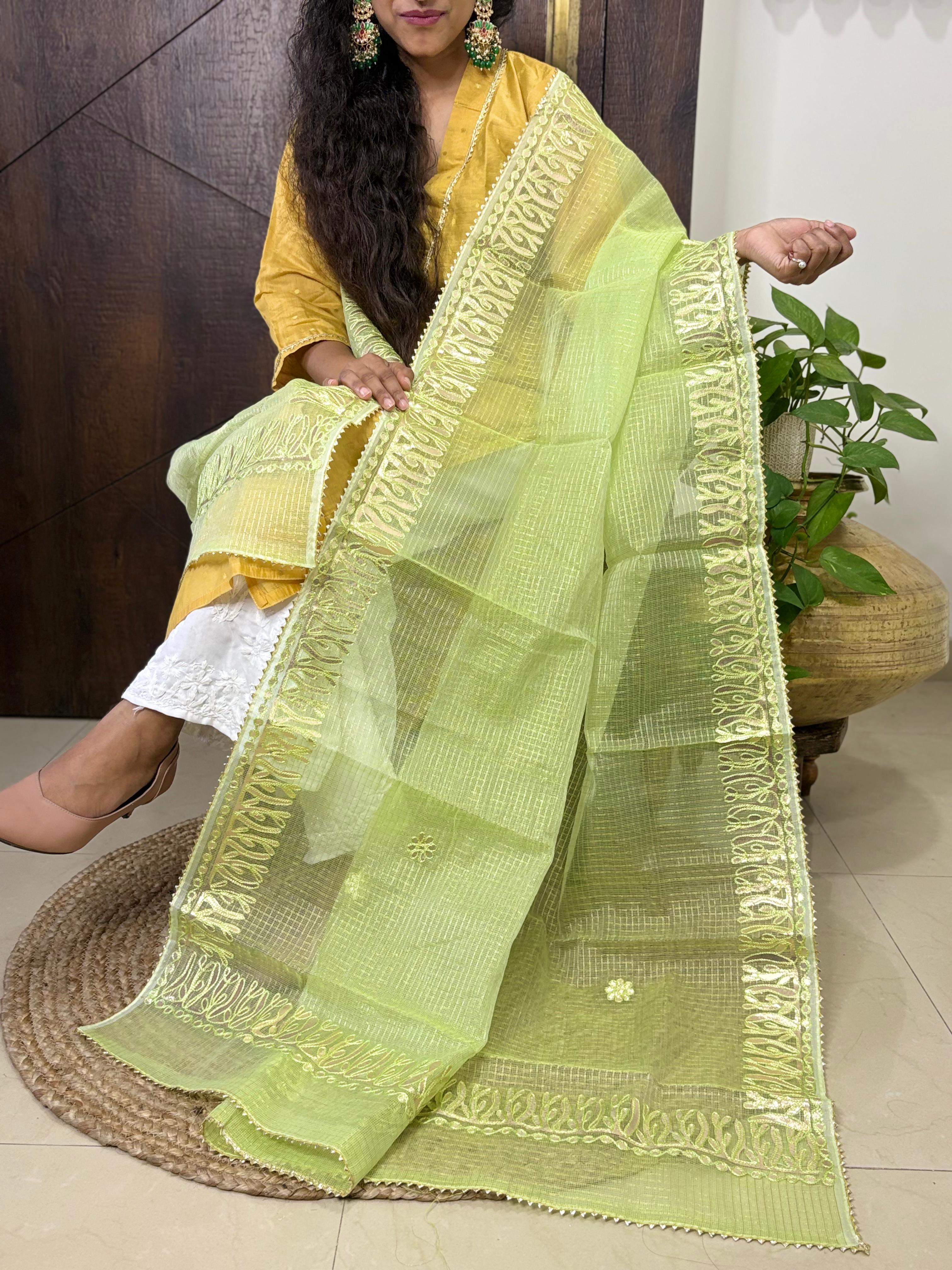 Green Kota Doria Heavy Gota Patti Work Dupatta