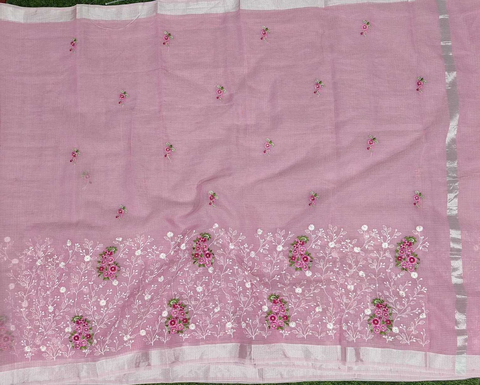 Pink Kota Doria Embroidery Work Sari